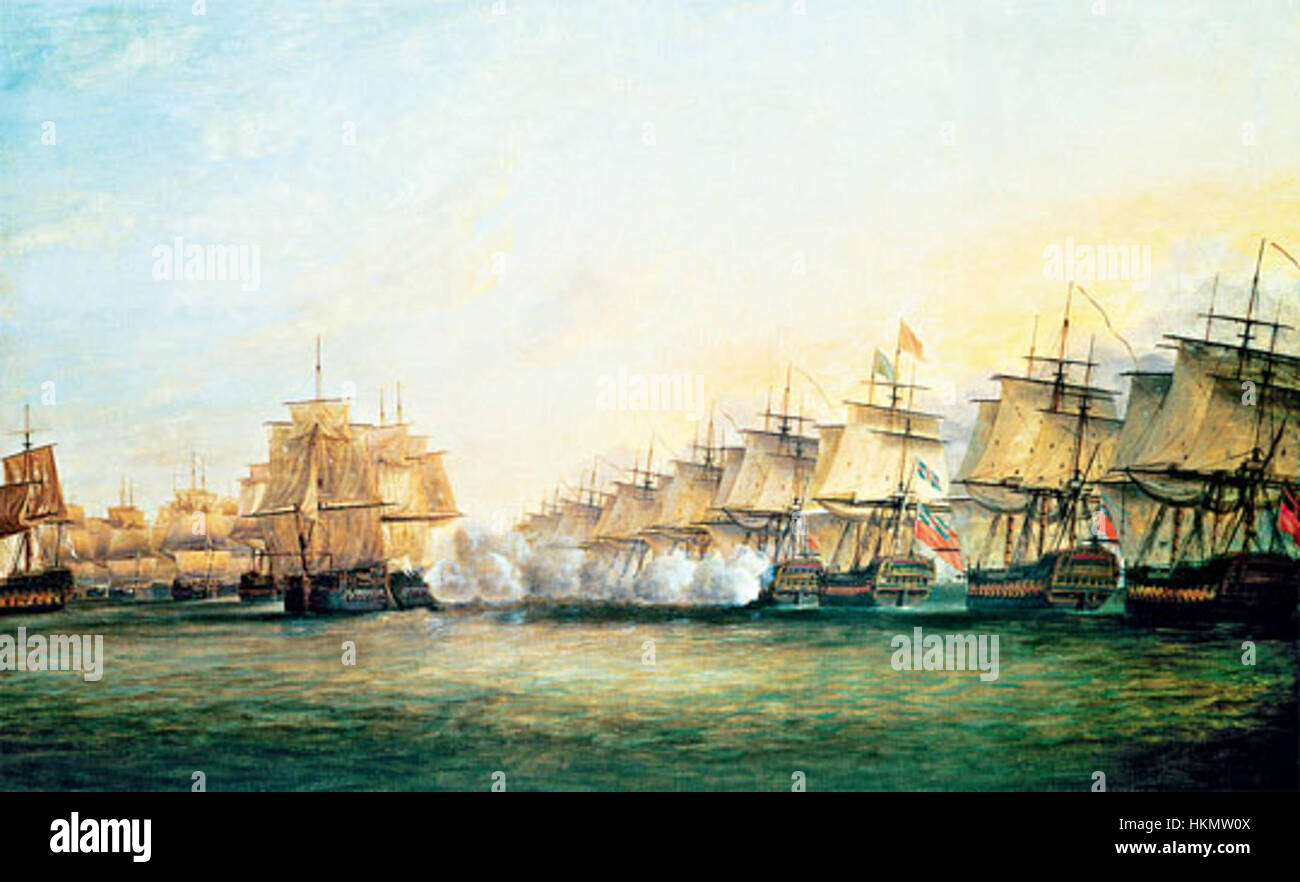 Das Gemälde *Battle of Trincomalee* von Serres zeigt die Seeschlacht, die 1782 zwischen den britischen und französischen Truppen in Sri Lanka ausgetragen wurde. Diese historisch präzise Darstellung zeigt die Marinetaktik und Intensität der Schlacht während des Vierten Englisch-Niederländischen Krieges. Stockfoto