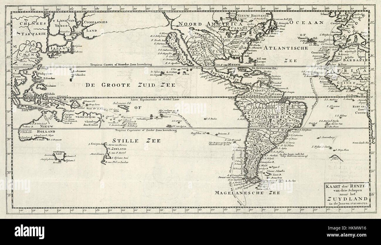 Jacob Roggeveens Karte beschreibt seine Reise ins Südland von 1722, eine Expedition auf der Suche nach neuen Gebieten im Südpazifik. Diese Karte ist entscheidend für das Verständnis früherer Erkundungen des Pazifiks. Stockfoto