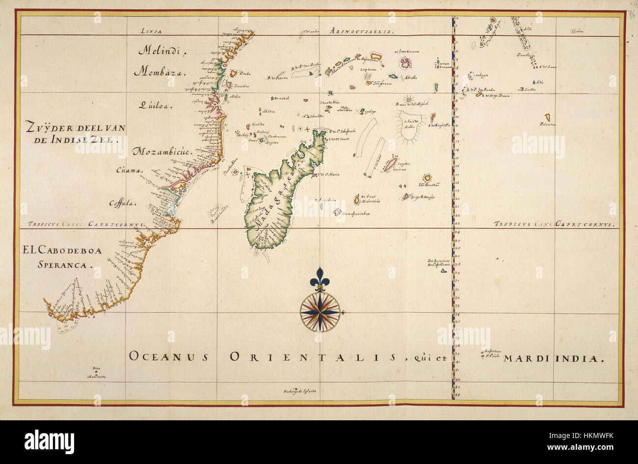 Diese historische Karte, AMH-7428-KB, zeigt den südwestlichen Teil des Indischen Ozeans und bietet detaillierte Informationen zur Geographie der Region, einschließlich der umliegenden Inseln und Navigationsrouten. Stockfoto