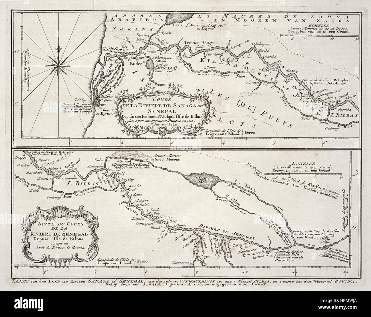 Die Karte AMH-7894-KB bietet einen detaillierten Überblick über den Verlauf des Senegal River, der in zwei Teilen dargestellt wird. Es handelt sich um ein historisch bedeutendes Werk, das einen Einblick in das geografische Layout der Region und ihre strategische Bedeutung im Laufe der Zeit bietet. Stockfoto