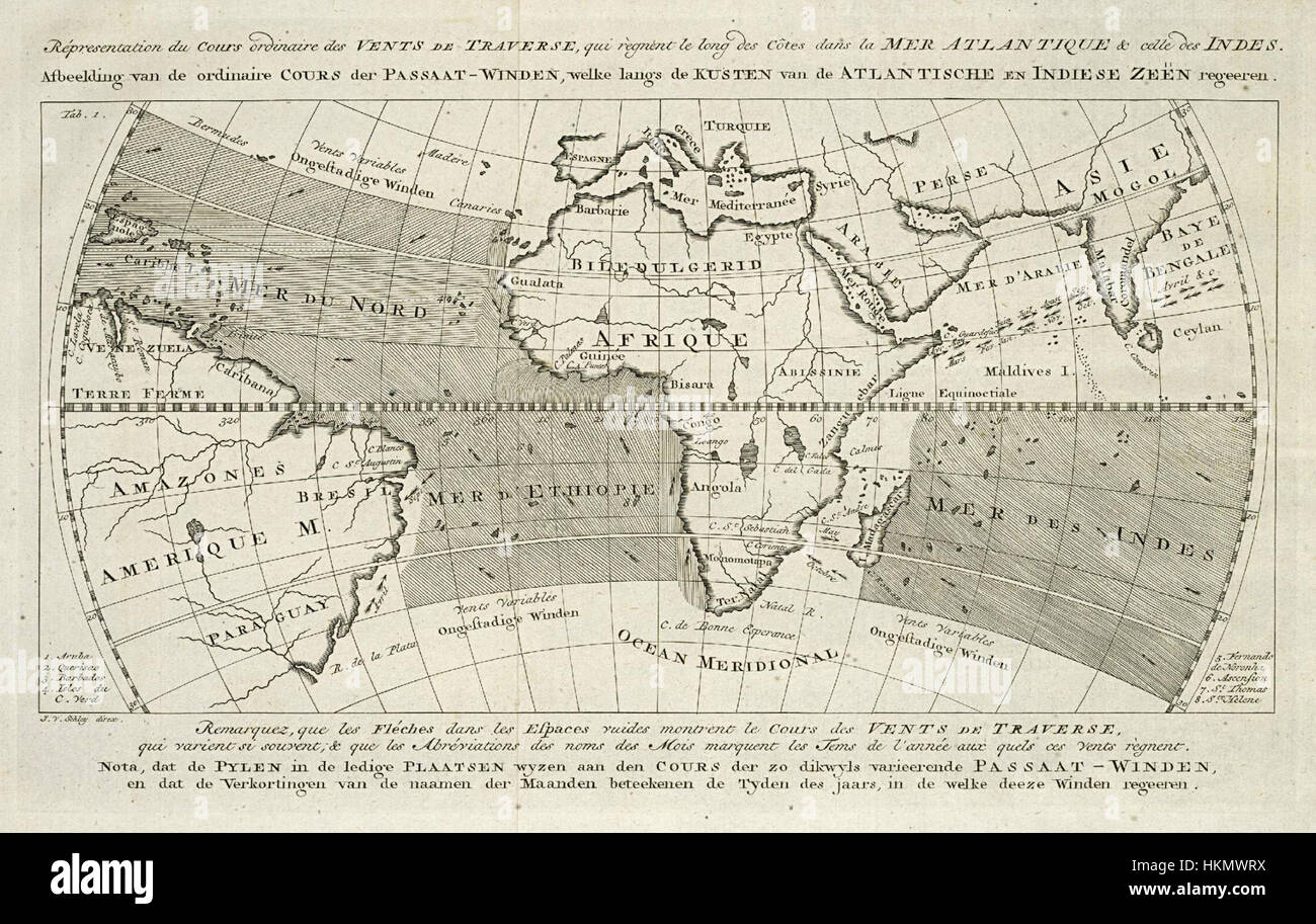 Diese historische Karte zeigt den Atlantik und den Indischen Ozean und zeigt wichtige maritime Routen und geografische Besonderheiten während der Zeit der europäischen Erkundung und kolonialen Expansion. Stockfoto