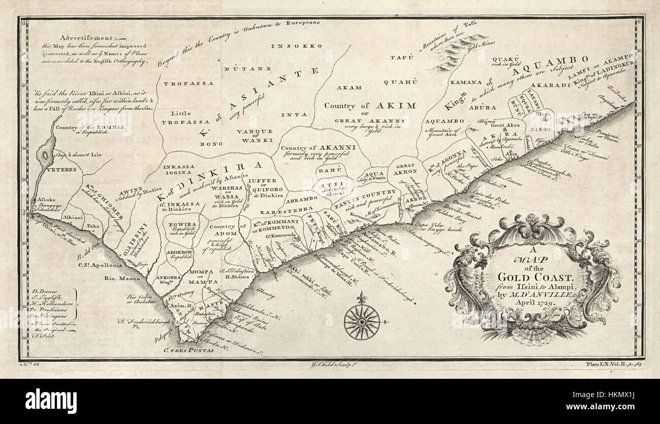 Die „Karte der Goldküste“ (AMH-8170-KB) zeigt die geographischen und kolonialen Grenzen der Goldküste (heutiges Ghana). Diese historische Karte zeigt die Gebiete mit britischem Einfluss und die Rolle der Region im transatlantischen Handel auf. Stockfoto