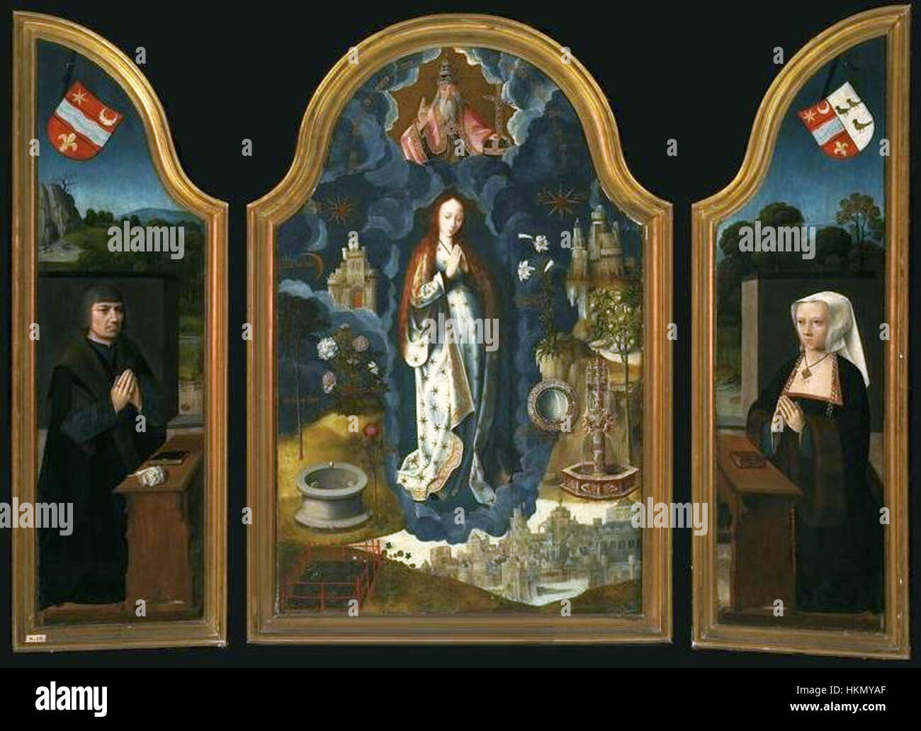 Das Gemälde „Unbefleckte Empfängnis“ von Isenbrant zeigt die Jungfrau Maria und betont Reinheit und Anmut, ein Thema, das in der religiösen Kunst während der Renaissance häufig erforscht wird. Das Werk veranschaulicht die spirituelle Idealisierung der Jungfrau. Stockfoto