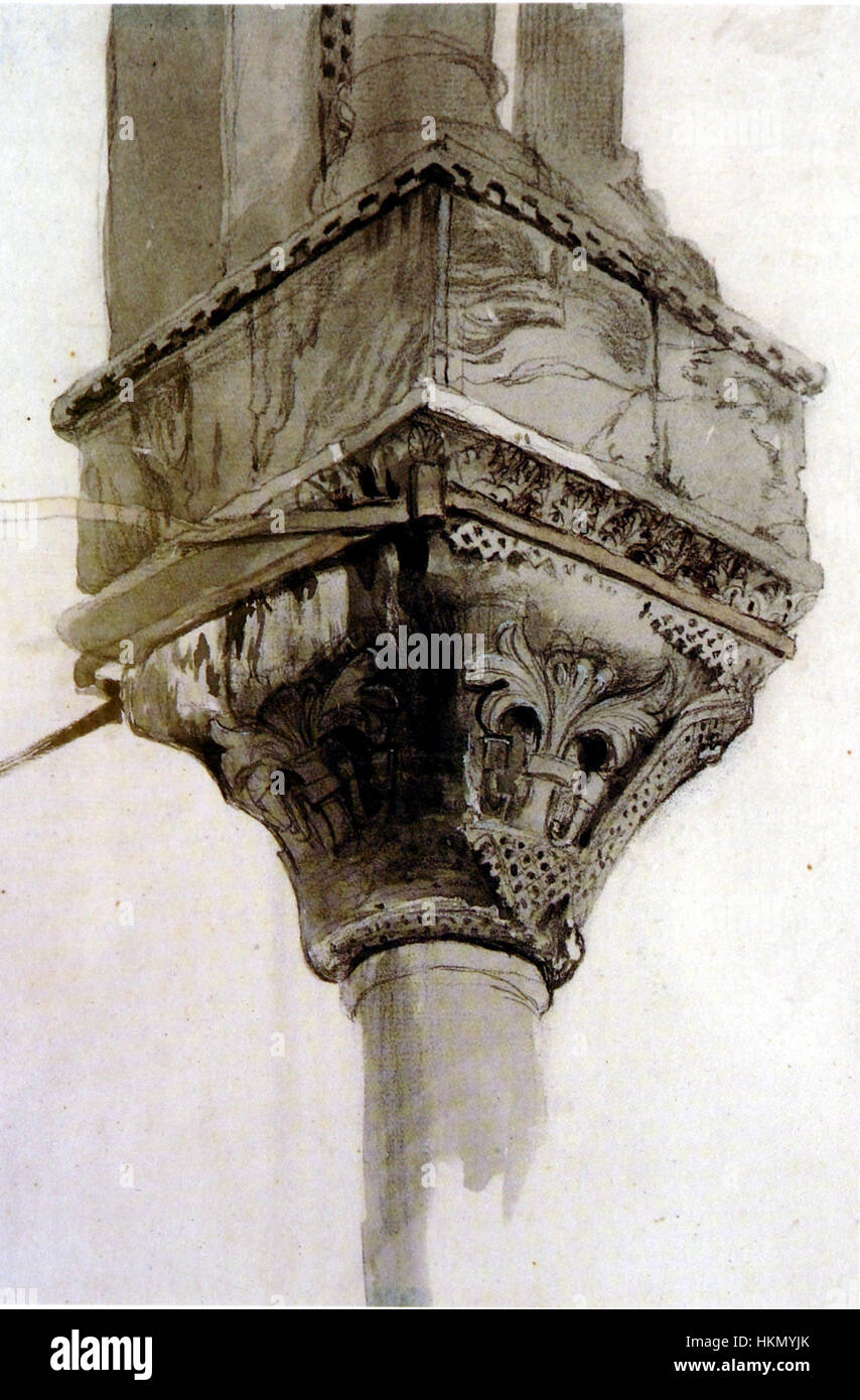 *Basket and Lily Capital St. Markus* zeigt ein dekoratives Merkmal des Markusdoms in Venedig, wobei der Schwerpunkt auf dem komplizierten Design eines Korbs mit Lilien liegt. Das Kunstwerk hebt die architektonische Ornamentik und die symbolische Bedeutung der dekorativen Elemente der Basilika hervor. Stockfoto