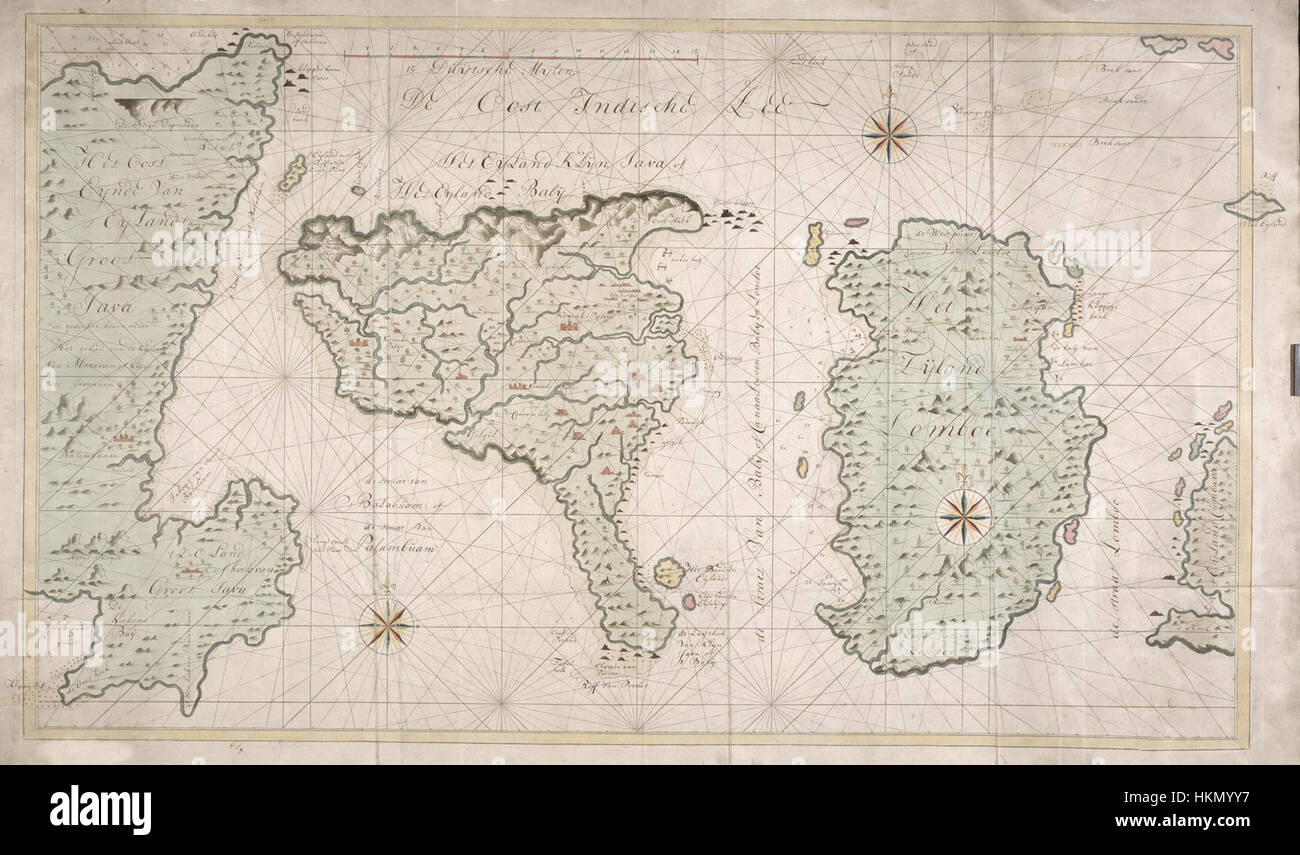 Diese Karte mit dem Titel „AMH-6424-NA“ zeigt die Inseln Bali und Lombok in Indonesien. Es bietet eine historische Darstellung der geografischen Merkmale und des Layouts dieser beliebten Reiseziele, wobei der Schwerpunkt auf ihrer Topographie und ihren Siedlungsmustern liegt. Stockfoto