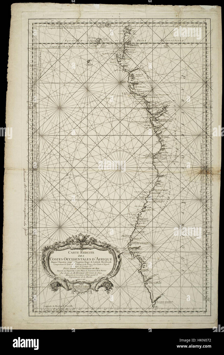 Diese historische Karte zeigt die Regionen Gabuns und Angolas und gibt geographische Einblicke in das Layout des Gebiets während der Erarbeitung. Auf der Karte werden die wichtigsten Grenzen, Wahrzeichen und Küstenmerkmale hervorgehoben, die für beide Länder von Bedeutung sind. Stockfoto