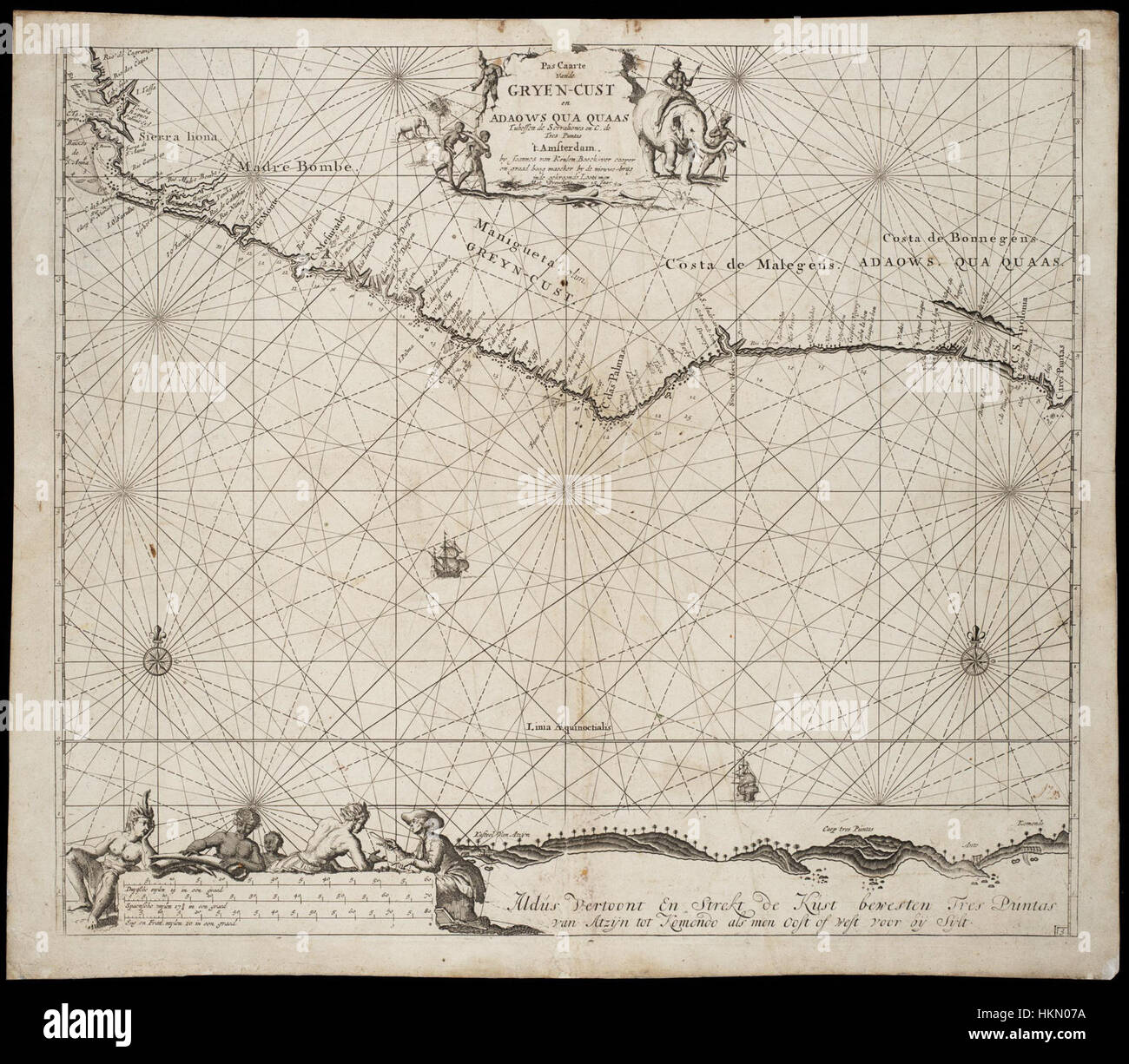 Diese historische Karte, AMH-7600-NA, zeigt die Küstenregionen Westafrikas, die sich von Sierra Leone bis Cabo de Tres Puntas erstrecken. Es bietet einen wertvollen Einblick in die Geographie und die regionalen Grenzen während der Kolonialzeit und zeigt Handelsrouten, natürliche Wahrzeichen und das Layout der afrikanischen Küste zu dieser Zeit. Stockfoto