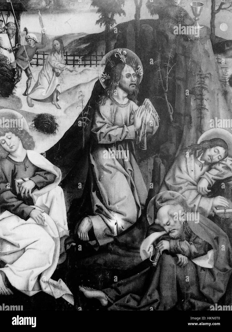 „Qualen im Garten“ von Polack zeigt die biblische Szene der Qualen Christi im Garten Gethsemane. Das Gemälde unterstreicht die emotionale Intensität dieses entscheidenden Moments im Neuen Testament und konzentriert sich dabei auf das einsame Gebet und Leiden Christi. Stockfoto
