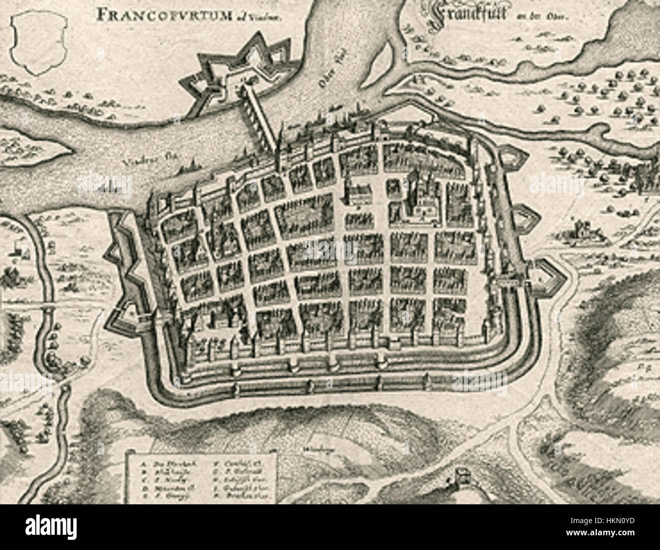 Ein Gemälde von Frankfurt (oder) aus dem Jahr 1636, das die historische Landschaft und Architektur der Stadt zu Beginn des 17. Jahrhunderts zeigt. Stockfoto