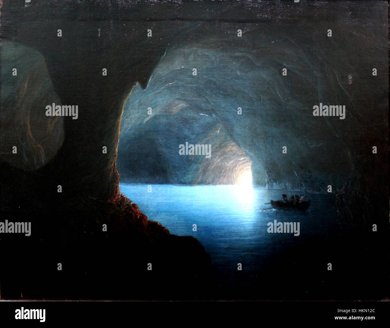 Das Gemälde „Blaue Grotte auf Capri“ von Seiffert aus dem Jahr 1860 fängt die Blaue Grotte auf der italienischen Insel Capri ein. Das Werk zeigt das lebendige blaue Wasser der Grotte, ein beliebtes Naturphänomen, das seit Jahrhunderten Besucher anzieht. Seifferts detaillierte Technik und Farbgebung heben den dramatischen Kontrast von Licht und Schatten im Inneren der Höhle hervor. Stockfoto