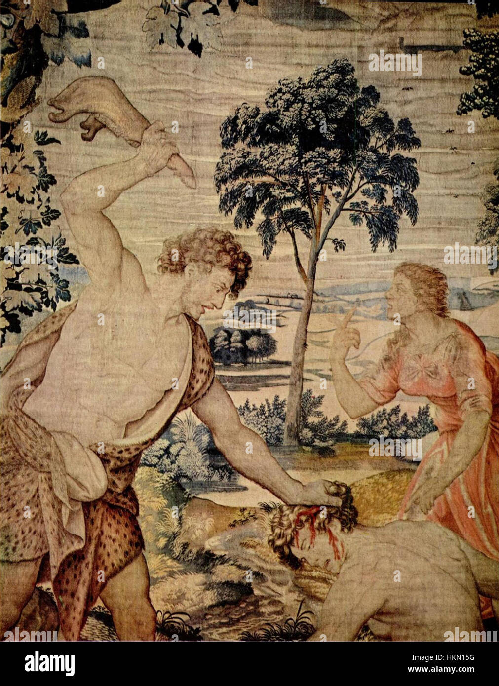 Die detaillierte Darstellung von Kain, der Abel tötet, aus der biblischen Geschichte veranschaulicht den tragischen Moment des Brudermordes. Dieses Kunstwerk fängt die intensive emotionale Spannung zwischen den Brüdern ein, eine kraftvolle Darstellung der Sünde und ihrer Folgen in der christlichen Kunst. Stockfoto