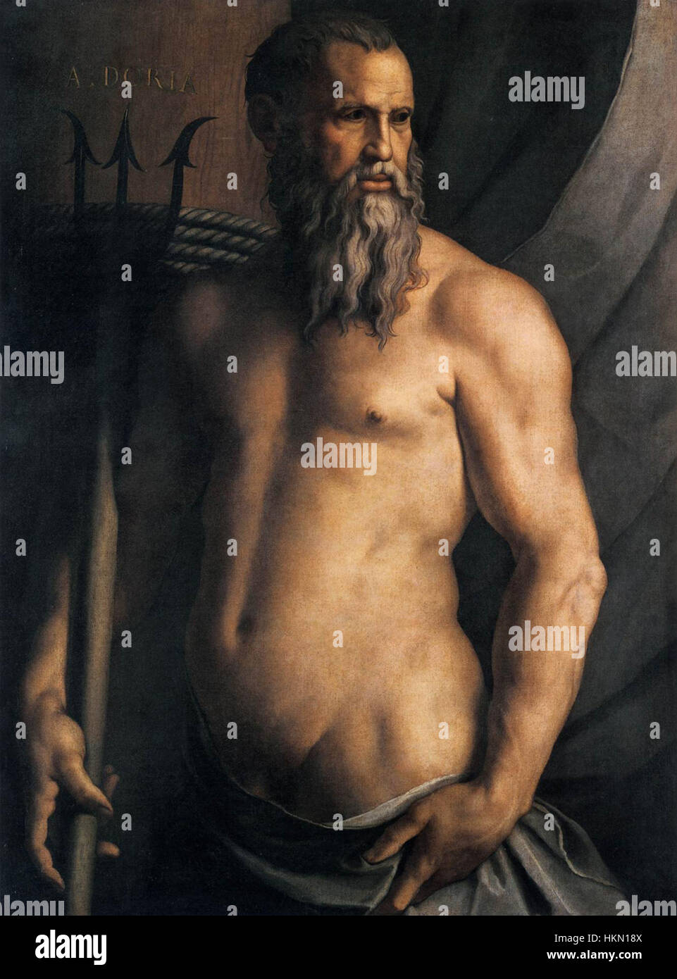 In diesem berühmten Porträt von Angelo Bronzino wird Andrea Doria als Neptun dargestellt, der römische Gott des Meeres. Das Gemälde ist ein Symbol der Macht und des Einflusses von Doria in Genua während der Renaissance und kombiniert sowohl politische Porträts als auch Mythologie, um die Stärke und das Ansehen des Themas zu unterstreichen. Stockfoto