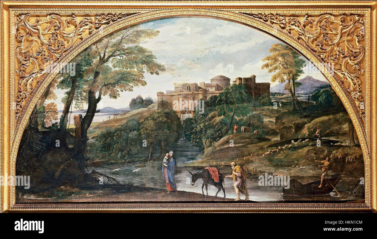 Annibale Carraccis „der Flug nach Ägypten“ zeigt die biblische Reise der Heiligen Familie auf der Flucht nach Ägypten. Das Gemälde fängt die emotionale Tiefe der Szene ein, mit einem Fokus auf Bewegung und Licht, die charakteristisch für Carraccis Barockstil sind. Stockfoto