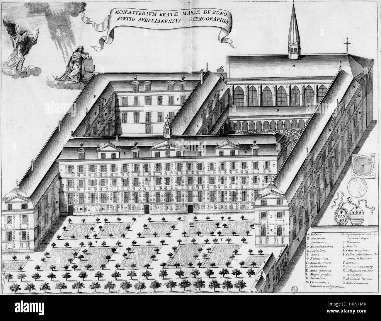 Dieses Gemälde aus der Serie Monasticon Gallicanum zeigt die Abbaye Notre-Dame-de-Bonne-Nouvelle in Orléans, Frankreich. Das Kunstwerk unterstreicht die historische und religiöse Bedeutung dieser Abtei im Kontext des französischen Klosterlebens und der Architektur dieser Zeit. Stockfoto