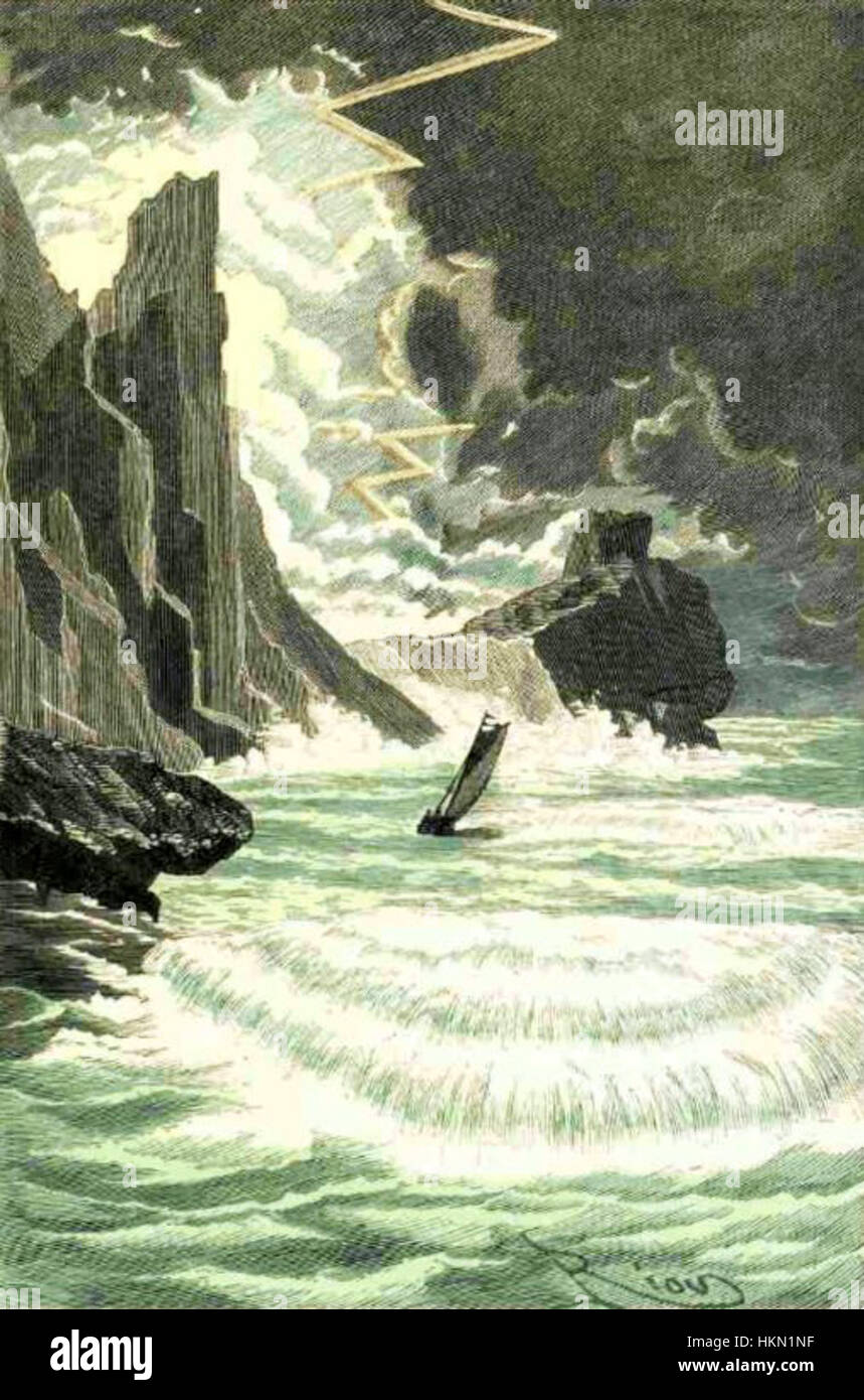 Das Eisfeld, ein Gemälde von Riou und Montaut, zeigt eine eisige Landschaft, die typisch für den französischen romantischen Stil des 19. Jahrhunderts ist. Das Stück spiegelt die Kraft und Majestät der Natur in einer Atmosphäre voller kalter, stiller Schönheit wider. Stockfoto