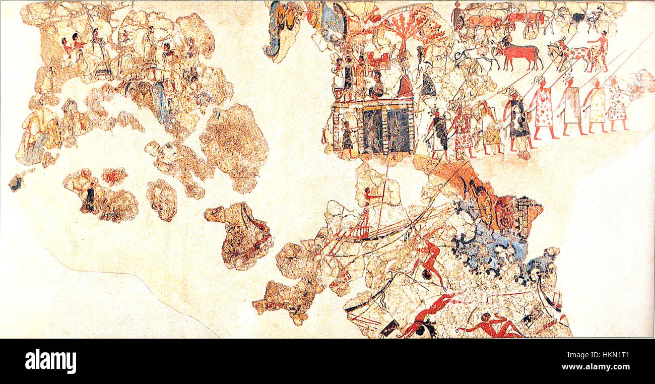 Ein berühmtes Fresko aus den antiken Ruinen von Akrotiri, das eine Szene von Schiffswracks darstellt. Das Fresko ist bedeutend für seine detaillierte Darstellung des antiken maritimen Lebens und Handels. Die lebendigen Farben und die komplizierten Bilder geben Einblicke in das Leben und die Kultur der minoischen Zivilisation vor dem Ausbruch von Thera. Stockfoto