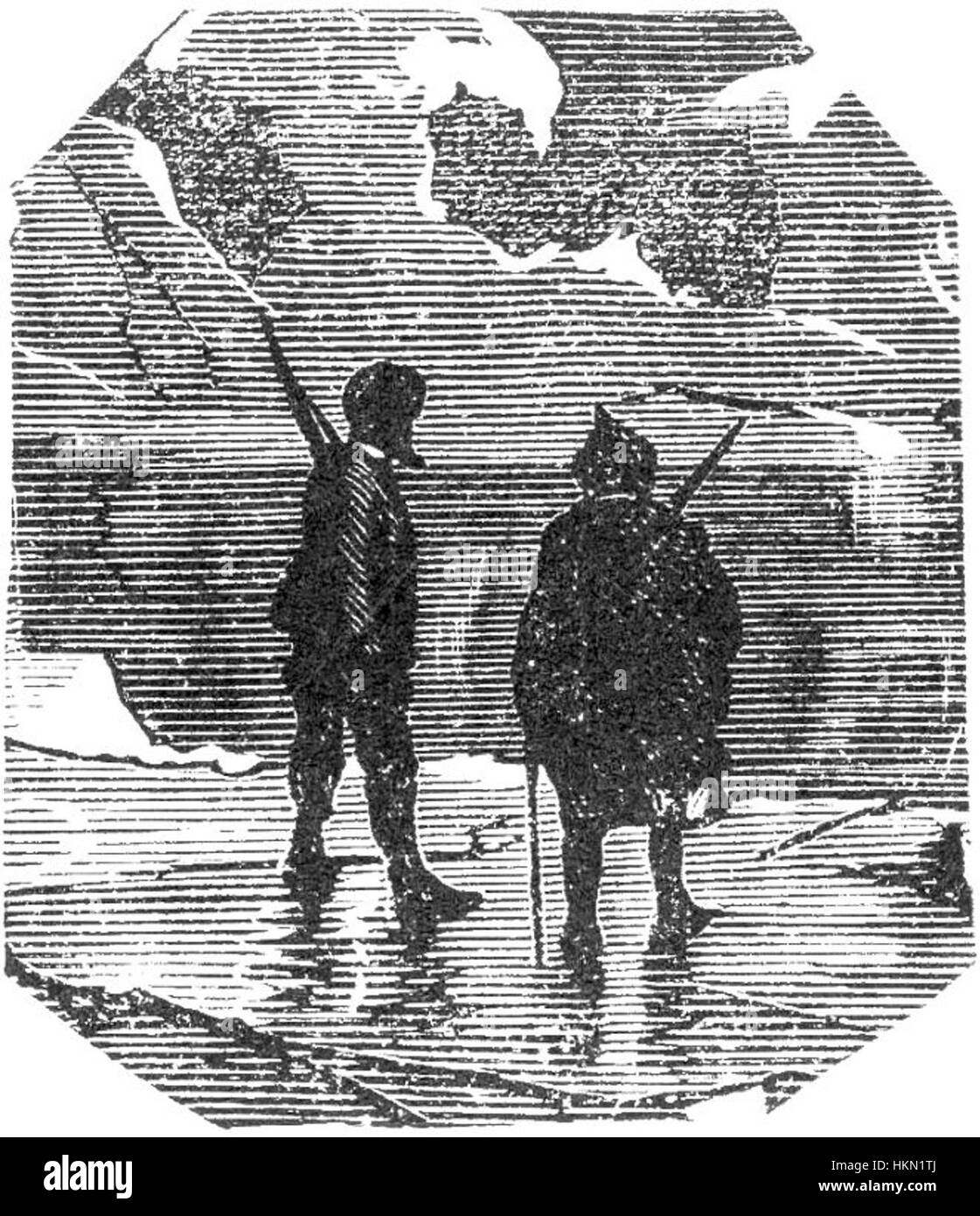 „The Field of Ice“ von Riou und Montaut zeigt eine arktische Erkundungsszene und zeigt die rauen und schwierigen Bedingungen, denen sich Entdecker in den Polarregionen gegenübersehen. Das Kunstwerk betont die riesigen Eisfelder und den Kampf um das Überleben. Stockfoto