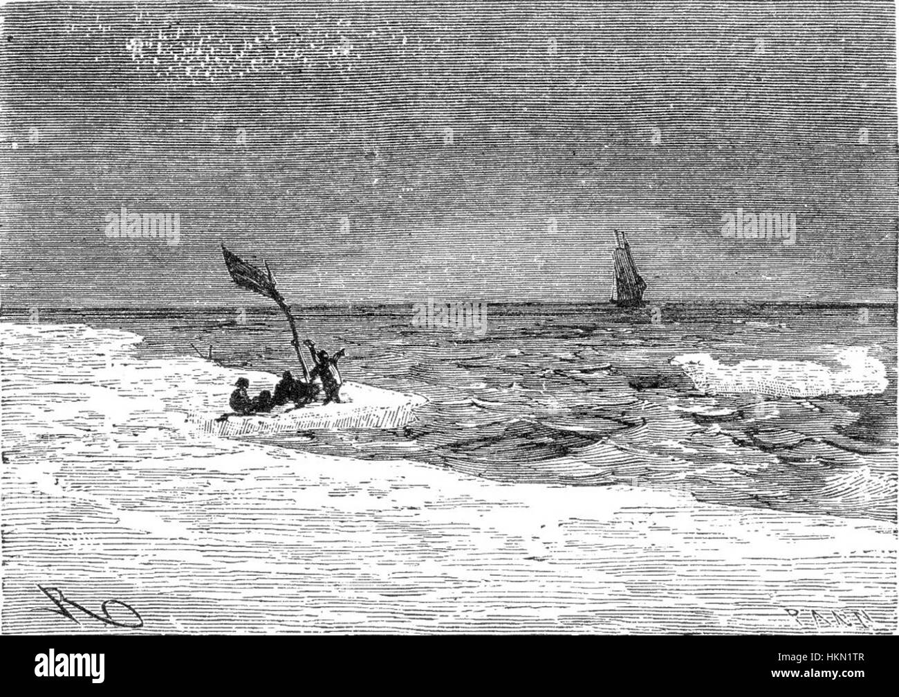 „The Field of Ice“ von Riou und Montaut präsentiert eine dramatische Szene mit eisigen Landschaften, die die schwierigen Bedingungen von Entdeckern einfangen. Das Gemälde spiegelt sowohl die raue Schönheit des eisigen Geländes als auch den Geist der Erkundung dieser Zeit wider. Stockfoto