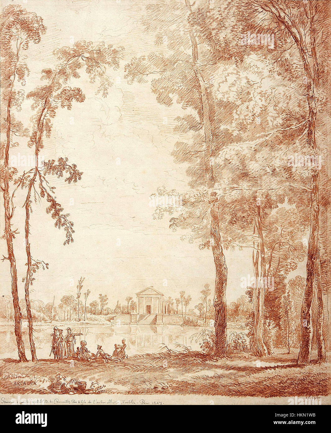 Der „Tempel der Diana in Arkadia“ von Norblin zeigt eine neoklassische Interpretation des ikonischen Tempels, der der römischen Göttin Diana gewidmet ist. Das Werk, das in zarten Details ausgeführt ist, zeigt die Kunst des Künstlers, architektonische Pracht in historischen Umgebungen zu porträtieren. Stockfoto