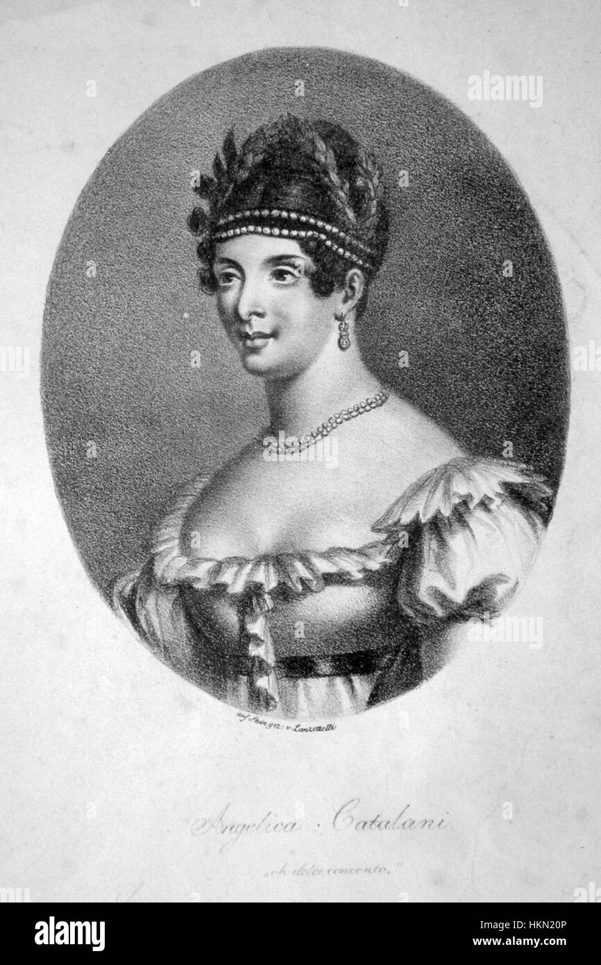 Diese Lithografie zeigt ein Porträt von Angelica Catalani, einer bekannten italienischen Opernsängerin. Das Bild fängt ihre Ähnlichkeit in Form einer traditionellen Lithographie ein, die den im 19. Jahrhundert beliebten Kunststil zeigt. Stockfoto