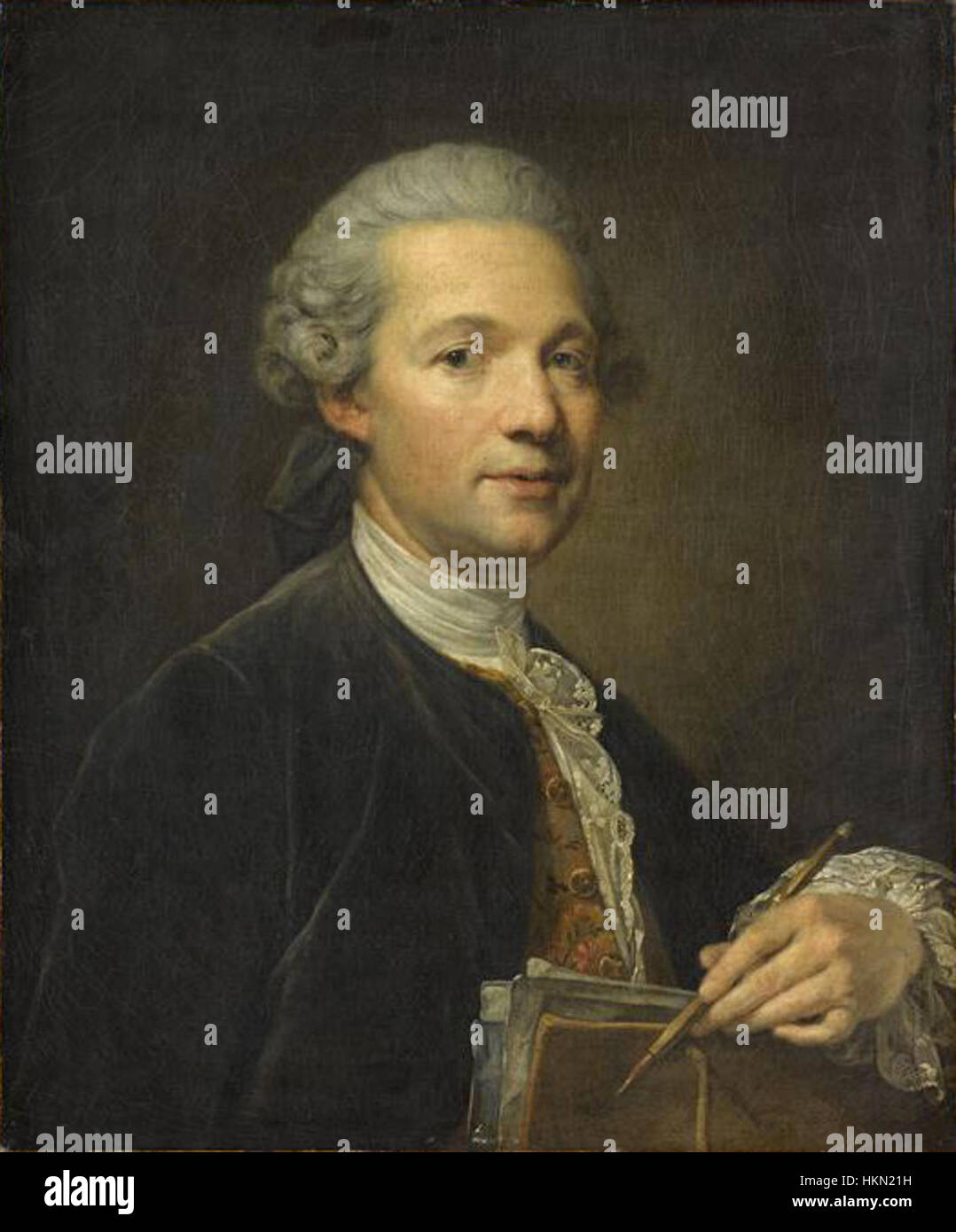Ange Jacques Gabriel entwarf die Tür, die in einem Werk von Jean-Baptiste Greuze dargestellt ist, und zeigt französische Kunst und Architektur des 18. Jahrhunderts. Das Kunstwerk ist im Louvre Museum untergebracht, eine bedeutende Darstellung des französischen neoklassischen Designs und Handwerks. Stockfoto