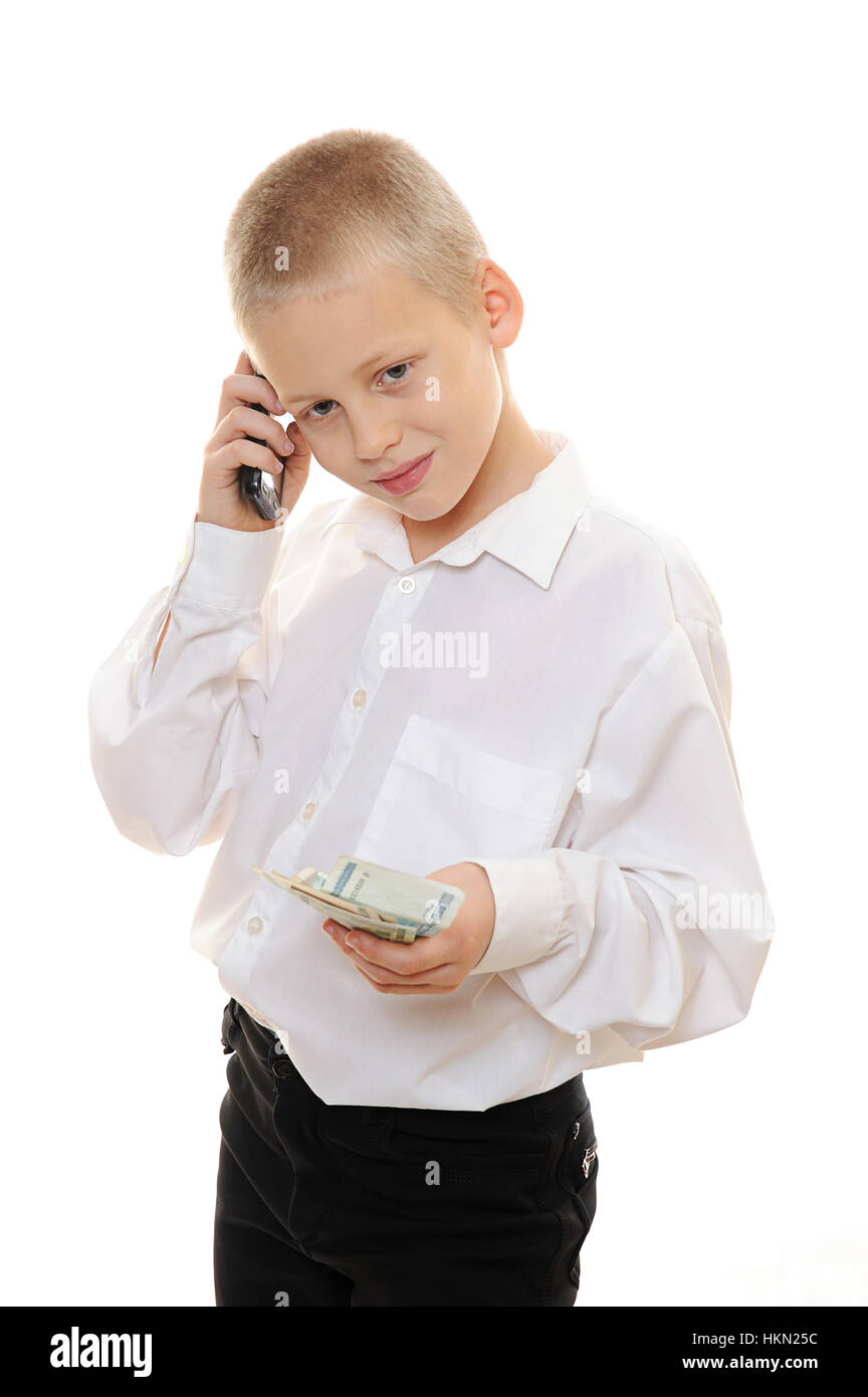 Geschäftsmann Kind Junge mit Geld, Handy auf weiß Stockfoto