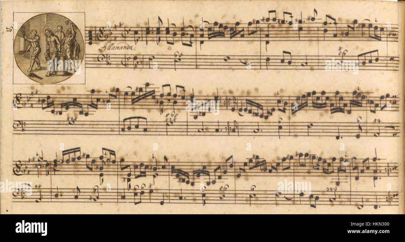 Ein Manuskript von Bibers Rosenkranzsonate Nr. 7 (um 96), das die komplizierte musikalische Notation des Barock-Komponisten und die Hingabe an religiöse Themen durch Musik zeigt, mit expressiven Violinbearbeitungen. Stockfoto