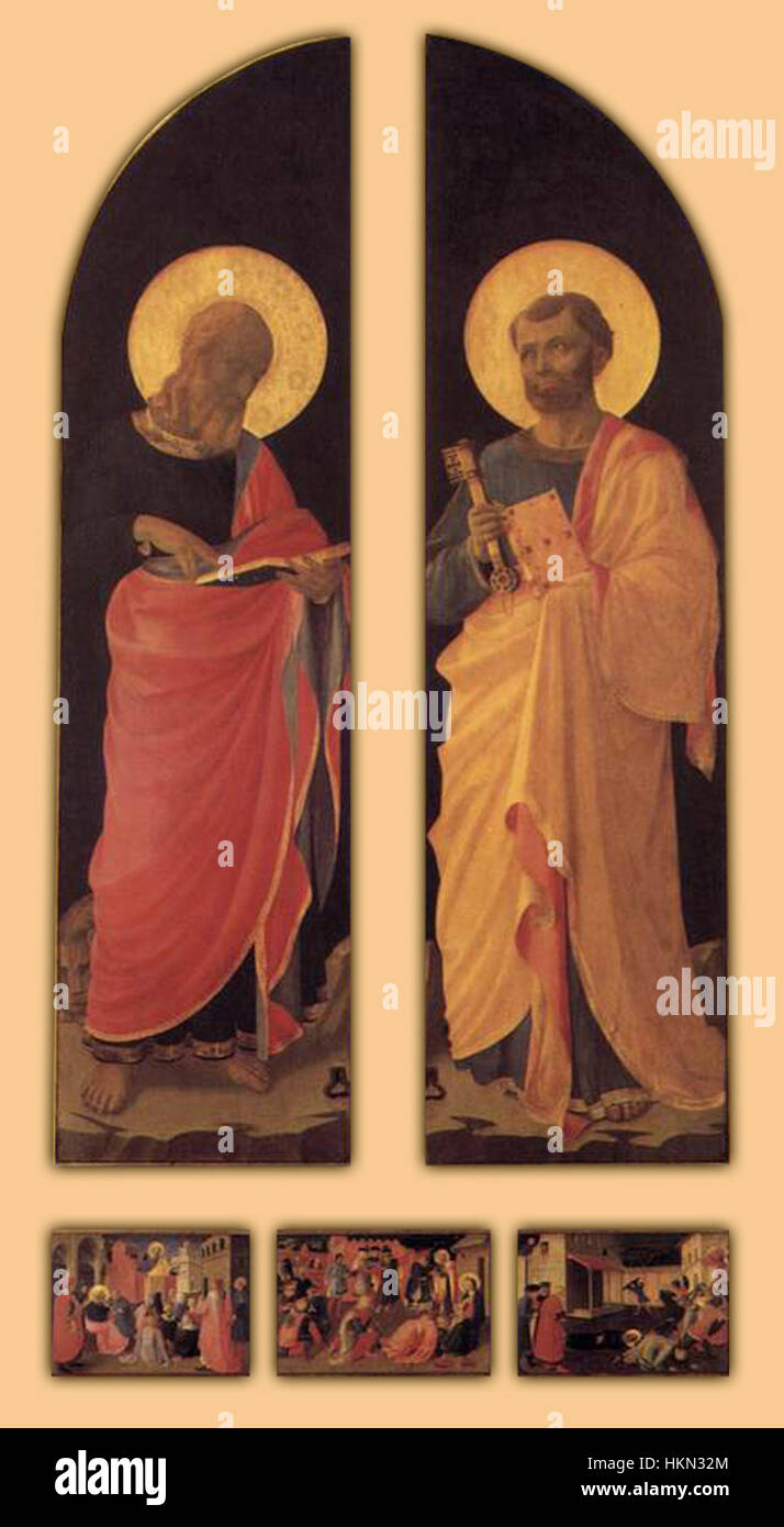 FRA Angelicos Tabernakel Linaioli ist ein bedeutendes Beispiel für religiöse Kunst der Frührenaissance und zeigt sakrale Figuren in einer ruhigen und strukturierten Komposition. Stockfoto