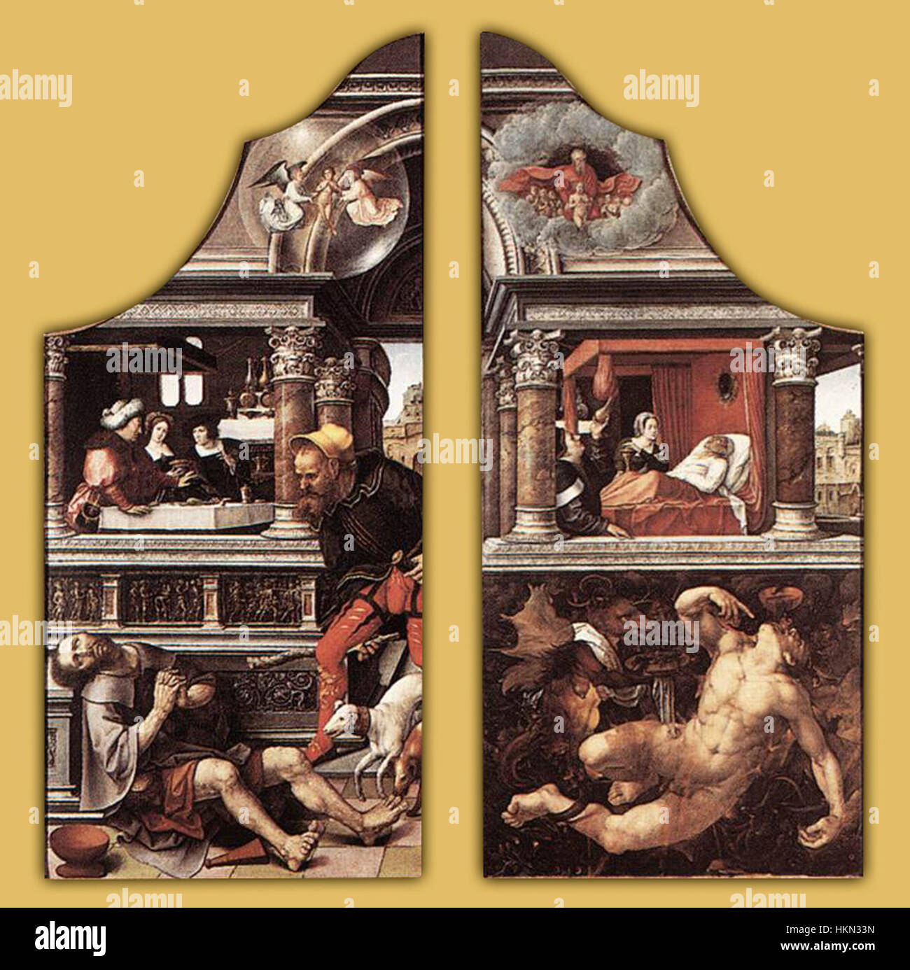 Ein Triptychon von Bernard van Orley, das die Tugend der Geduld darstellt und komplizierte religiöse Bilder zeigt. Das Gemälde, das Tugenden im christlichen Kontext darstellt, veranschaulicht den detaillierten Stil des Künstlers und die flämische Kunstzeit des 16. Jahrhunderts. Stockfoto Ein Triptychon von Bernard van Orley, das die Tugend der Geduld darstellt und komplizierte religiöse Bilder zeigt. Das Gemälde, das Tugenden im christlichen Kontext darstellt, veranschaulicht den detaillierten Stil des Künstlers und die flämische Kunstzeit des 16. Jahrhunderts. Stockfoto