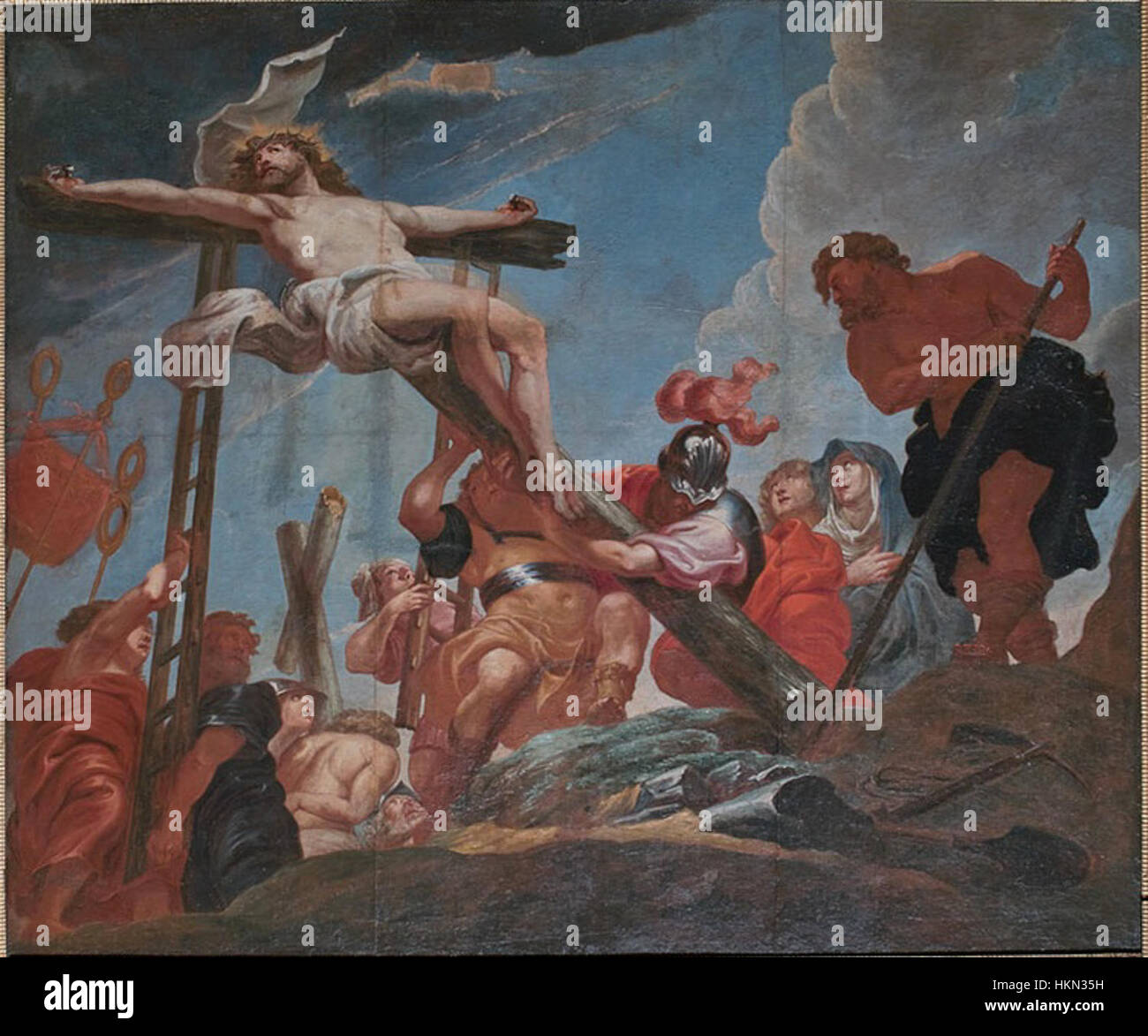 Michael Angelo Immenraets „Kreuzerhöhung“ fängt eine dramatische religiöse Szene ein und spiegelt die Fähigkeit des Künstlers wider, Emotionen und Spiritualität durch seinen meisterhaften Einsatz von Licht und Schatten zu vermitteln. Stockfoto