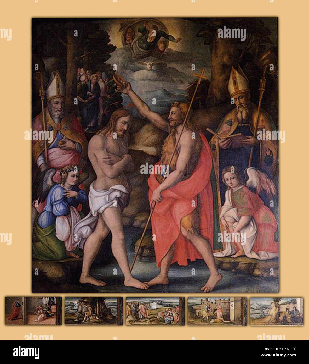 Bacchiaccas Gemälde „Taufe Christi mit Heiligen“ zeigt den biblischen Moment der Taufe Christi, begleitet von Heiligen in einem ruhigen, religiösen Umfeld. Dieses Werk veranschaulicht die religiöse Kunst der Renaissance. Stockfoto