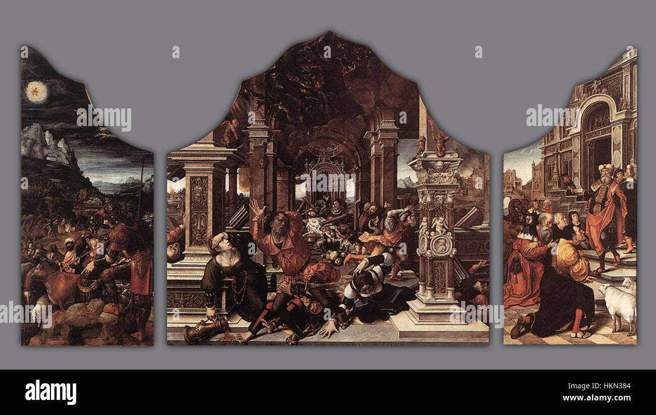 Bernard van Orleys *Triptychon der Tugend der Geduld* zeigt komplizierte religiöse Symbolik und Kunstfertigkeit, wobei der Schwerpunkt auf der christlichen Tugend der Geduld liegt, wie sie durch detaillierte Tafeln dargestellt wird. Stockfoto Bernard van Orleys *Triptychon der Tugend der Geduld* zeigt komplizierte religiöse Symbolik und Kunstfertigkeit, wobei der Schwerpunkt auf der christlichen Tugend der Geduld liegt, wie sie durch detaillierte Tafeln dargestellt wird. Stockfoto