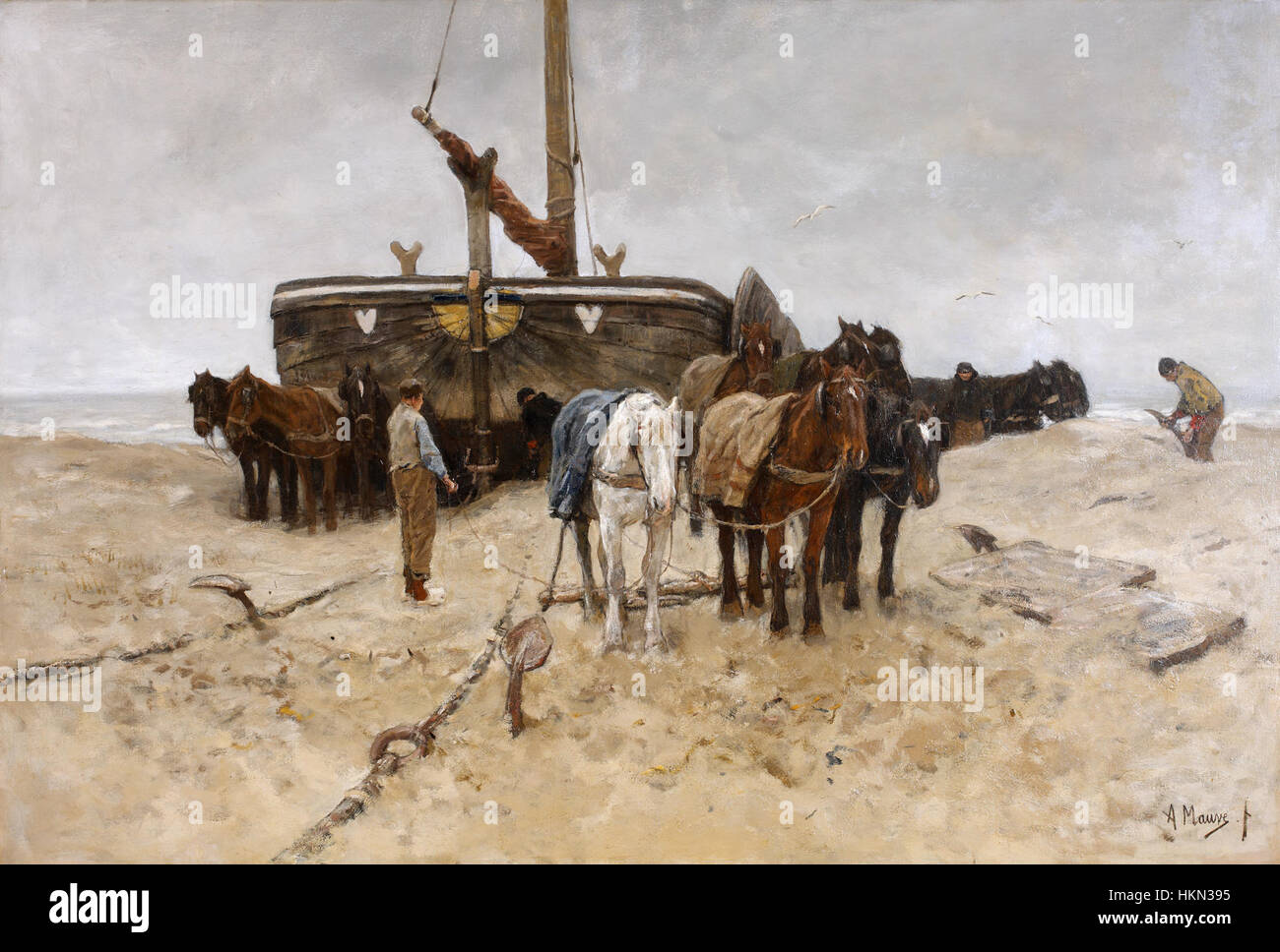 Dieses Gemälde von Anton Mauve mit dem Titel „Bomschuit op het Strand“ zeigt ein holländisches Fischerboot, oder Bomschuit, das am Strand ruht. Die Arbeit zeigt Mauves charakteristische Nutzung von Licht und Naturlandschaften. Stockfoto