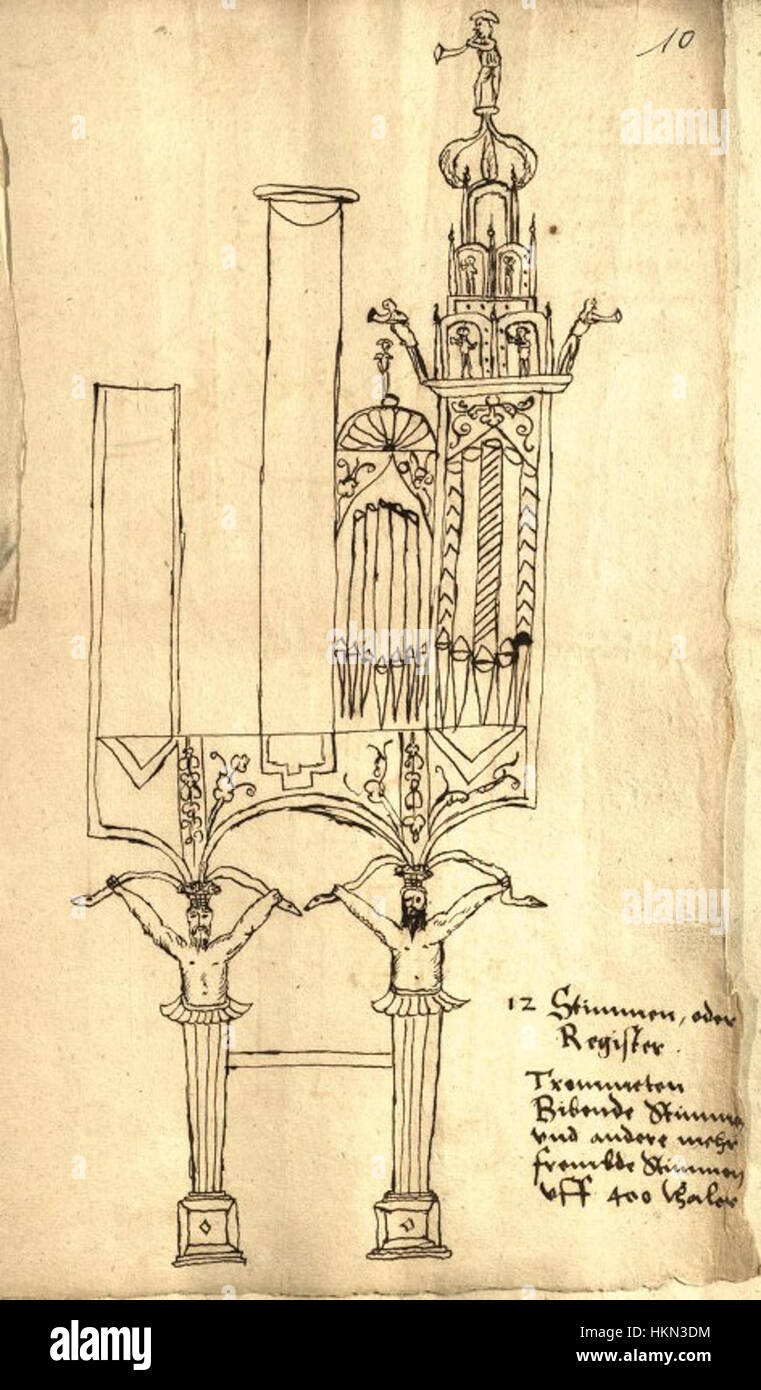 Dieser Entwurf von Rodensteen zeigt den Schellenberg Augustusburg, wobei er sich auf seine architektonischen Elemente konzentriert. Das Design zeigt die Pracht der Orgel und den Raum um sie herum. Stockfoto