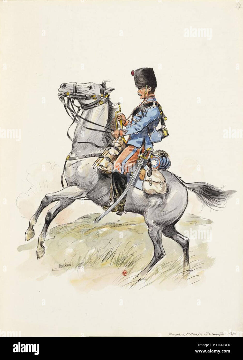 Dieses Kunstwerk aus dem Jahr 1870 stellt einen Trompeter der 1. Husaren in voller Kampagnenuniform dar. Das Gemälde ist eine historische Darstellung des Militärlebens im späten 19. Jahrhundert und spiegelt die Uniformen und Traditionen der französischen Kavallerie wider. Stockfoto