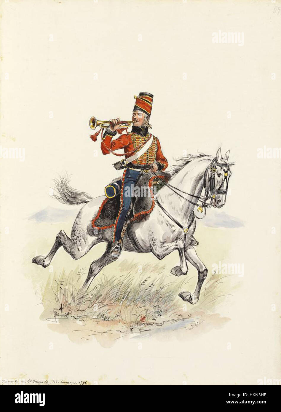 Dieses Kunstwerk aus dem Jahr 1796 zeigt einen französischen Husaren-Soldaten in Kampagnenuniform. Das Bild zeigt die Militärkleidung und den historischen Kontext der Französischen Unabhängigkeitskriege. Stockfoto