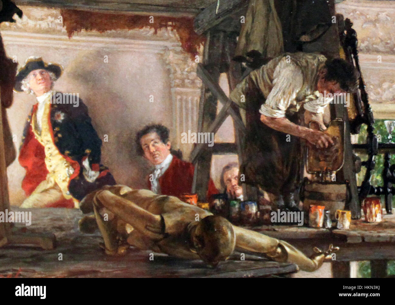 Ein Gemälde von Menzel aus dem Jahr 1861 mit dem Titel Kronprinz Friedrich besucht den Maler Pesne. Das Kunstwerk zeigt eine historische Szene mit dem preußischen Kronprinzen Friedrich und dem Künstler Pesne, die feine Details und historische Genauigkeit im klassischen Stil des 19. Jahrhunderts zeigt. Stockfoto