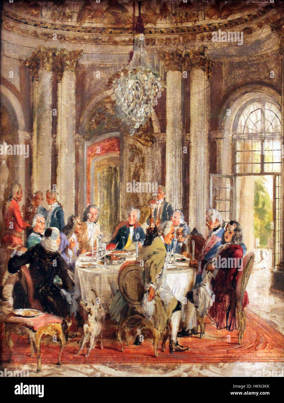 Das Gemälde „Tafelrunde Friedrichs II. In Sanssouci“ von Adolph Menzel aus dem Jahr 1848 zeigt die berühmte Tafelrunde Friedrichs des Großen und zeigt den geistigen Kreis des preußischen Königs im Schloss Sanssouci. Stockfoto
