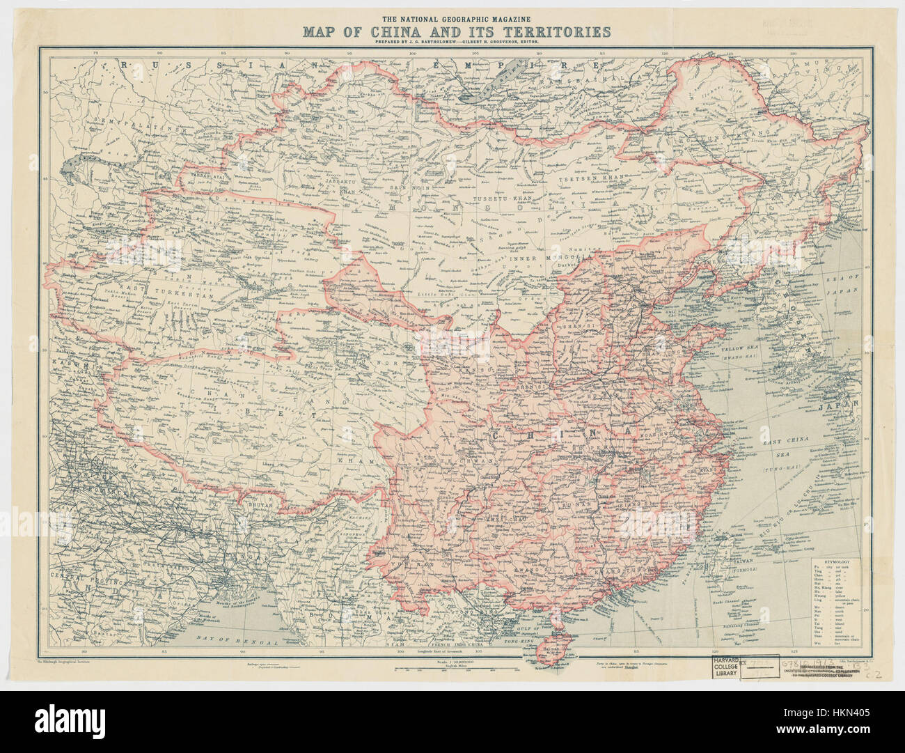 Diese 1912 von National Geographic veröffentlichte Karte von China zeigt eine detaillierte Darstellung der politischen und geographischen Teilung Chinas im frühen 20. Jahrhundert. Sie spiegelt den Wandel des Landes während einer Zeit bedeutender historischer Veränderungen wider. Stockfoto