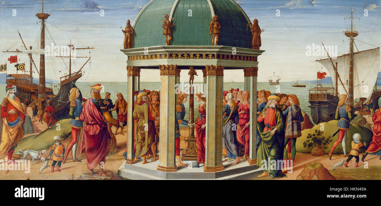Biagio d’Antonios Kunstwerk aus der Renaissance repräsentiert seine Meisterschaft in der Mischung religiöser Themen mit dem besonderen Stil italienischer Kunst des 15. Jahrhunderts. Seine detaillierten Arbeiten spiegeln die kulturelle und künstlerische Atmosphäre der damaligen Zeit wider. Stockfoto