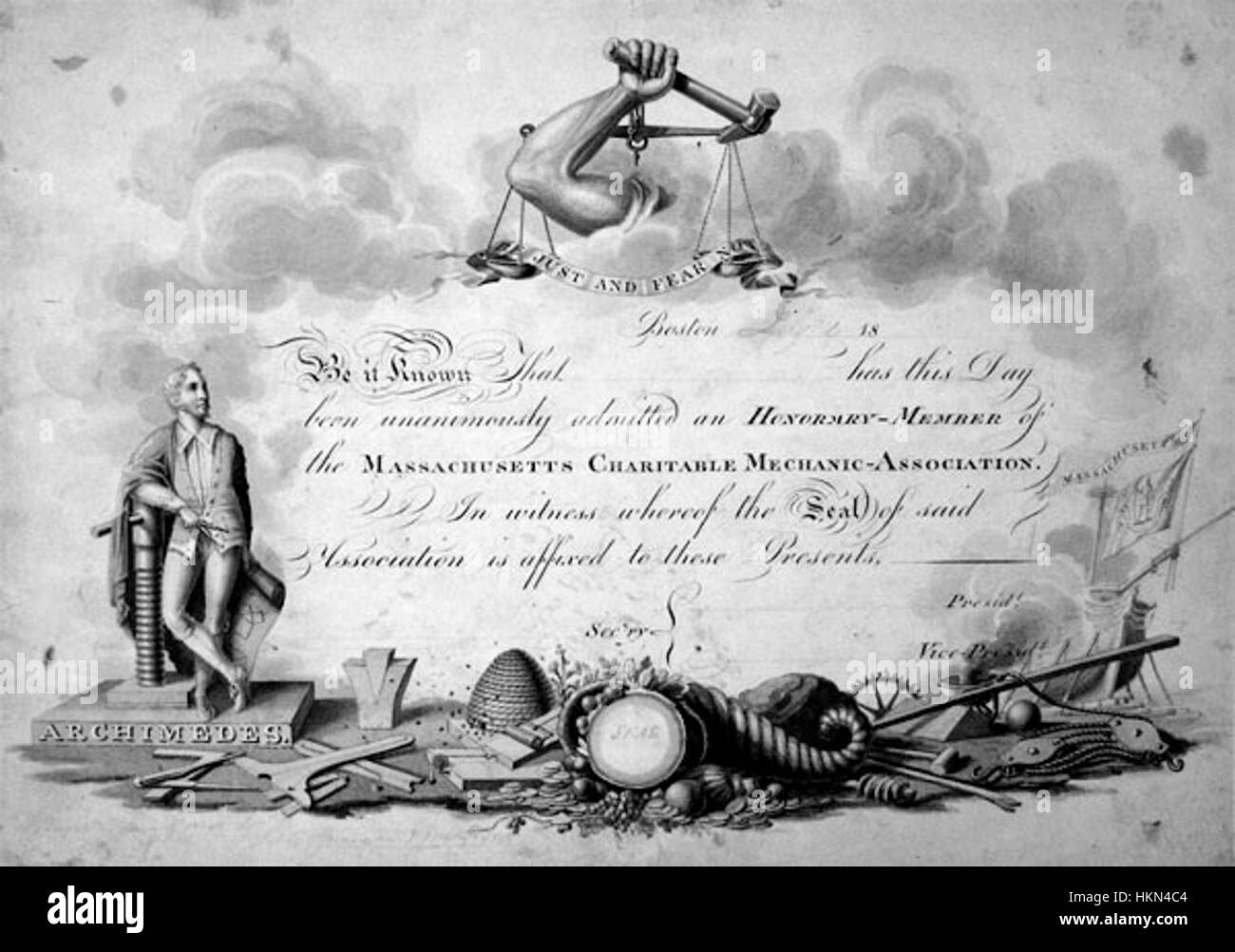 Dieses Gemälde aus dem Jahr 1818, das von Penniman geschaffen wurde, fängt einen bedeutenden historischen Moment ein. Das detaillierte Werk zeigt die kulturellen und künstlerischen Elemente des frühen 19. Jahrhunderts, mit einem Schwerpunkt auf historischer Genauigkeit und künstlerischem Ausdruck. Stockfoto