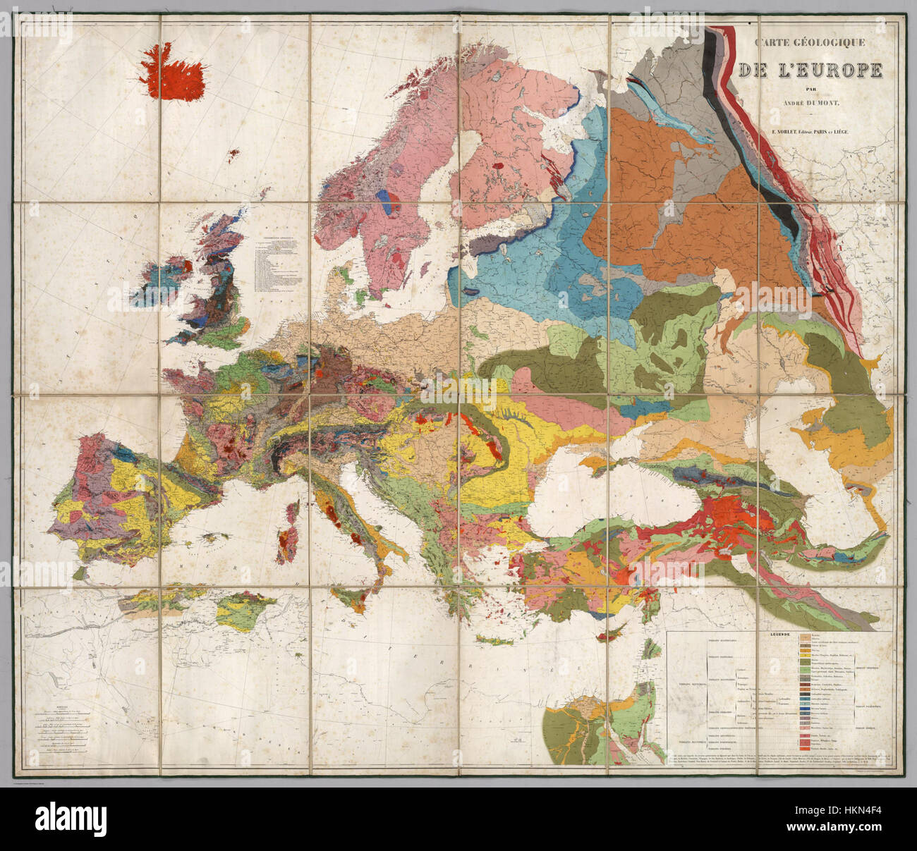 Die geologische Europakarte von Dumont aus dem Jahr 1875 bietet eine visuelle Darstellung der geologischen Besonderheiten der Region und zeigt Gesteinsformationen, Mineralien und Geländetypen. Stockfoto