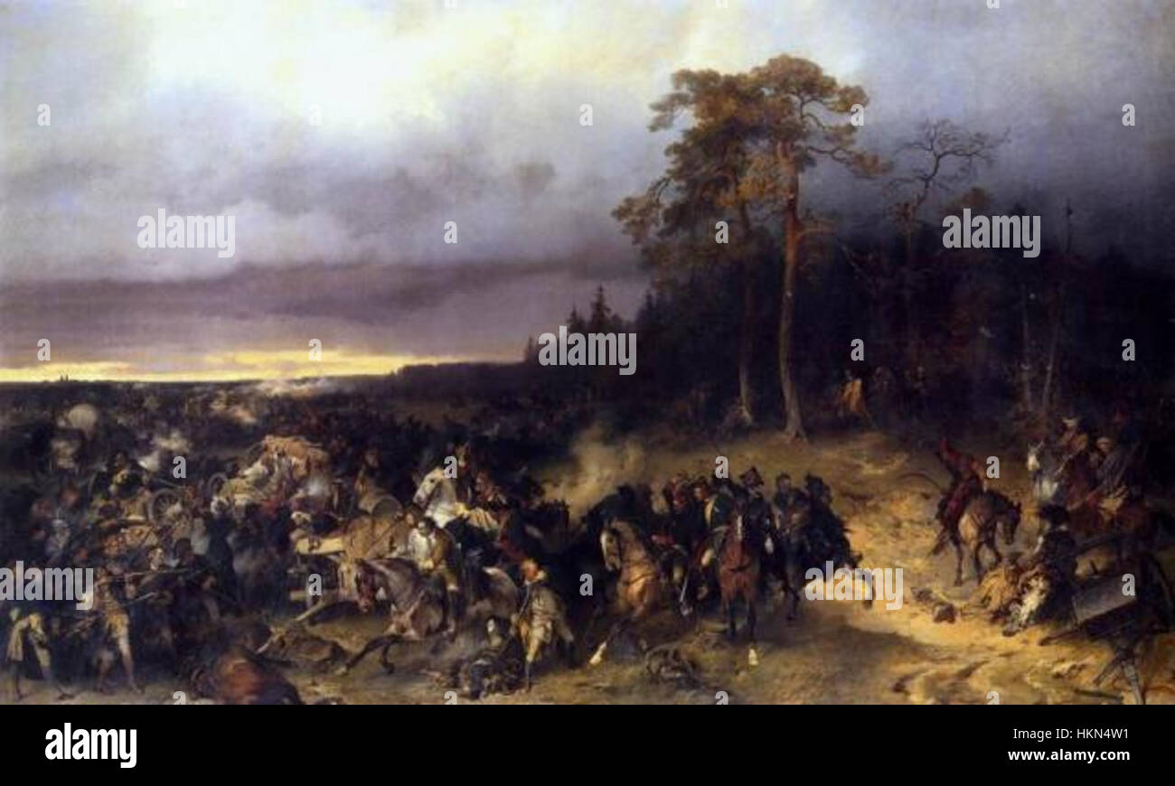 Die Schlacht von Lesnaya (1708) war ein bedeutender Konflikt während des Großen Nordischen Krieges. Dieses Gemälde zeigt den russischen Sieg über die schwedischen Streitkräfte und markiert einen entscheidenden Moment im Krieg zwischen Russland und Schweden. Stockfoto