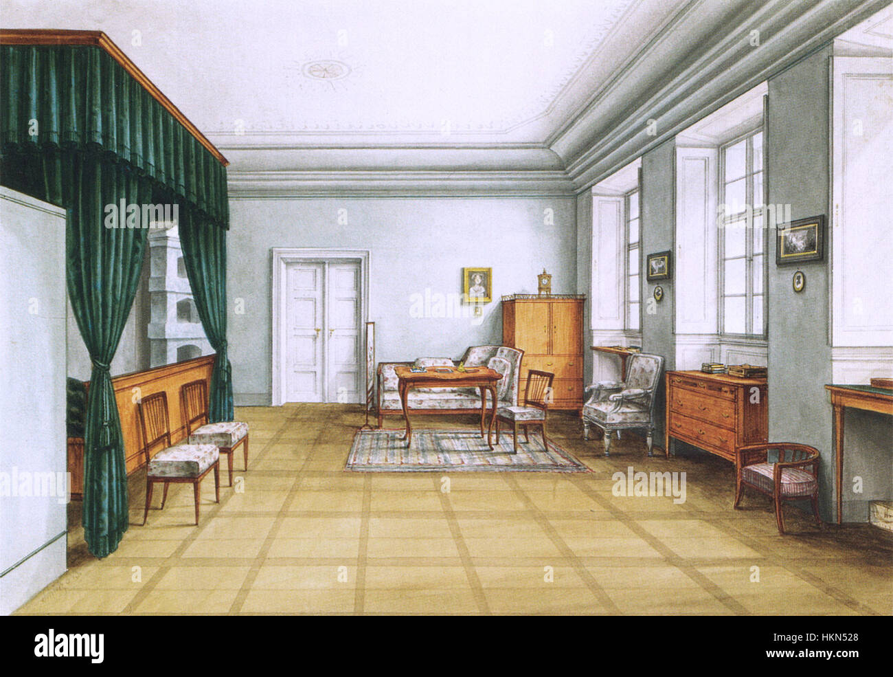 Eine Darstellung eines Wohn- und Schlafzimmers aus dem Jahr 1843, die den Stil und die Innenarchitektur der Mitte des 19. Jahrhunderts zeigt. Das Kunstwerk fängt den Alltag und die familiäre Atmosphäre dieser Zeit ein. Stockfoto