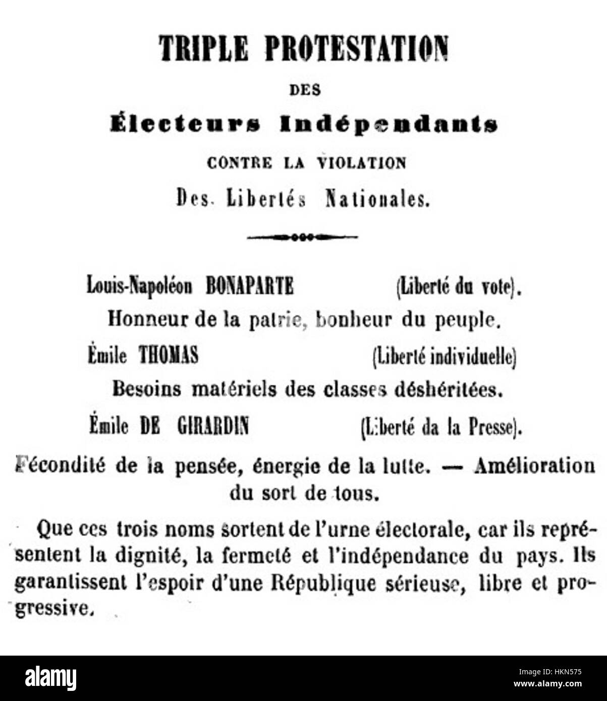 Dieses von Thomas-Girardin entworfene Poster aus dem Jahr 1848 zeigt Bonaparte und gibt einen Einblick in den politischen und kulturellen Kontext der Zeit. Das Stück spiegelt die künstlerischen Stile dieser Zeit wider, mit historischer Bedeutung in der französischen Geschichte. Stockfoto