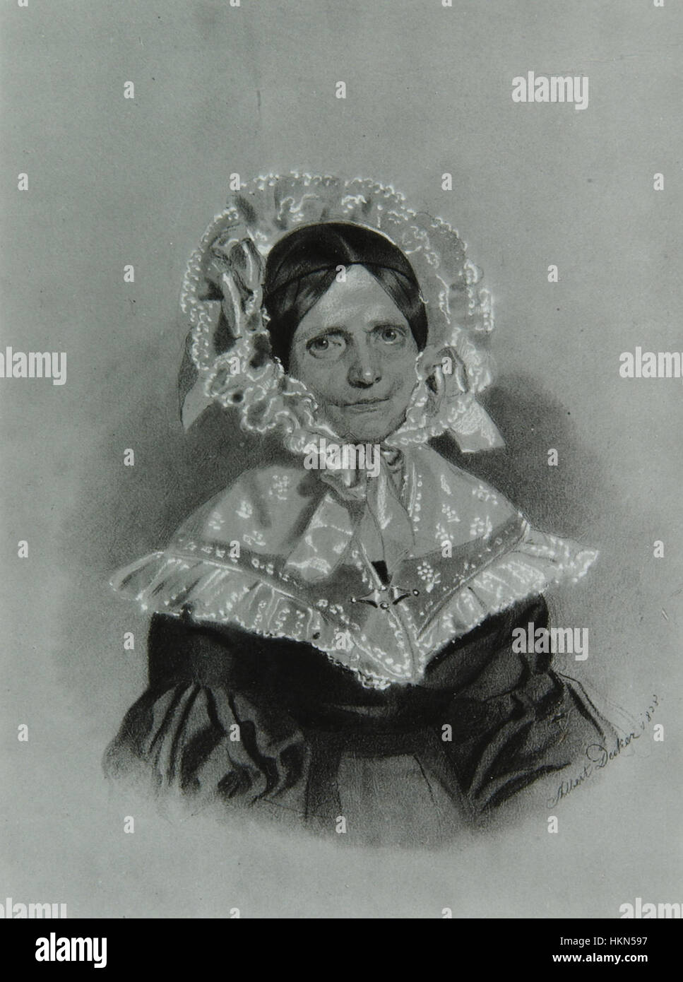 Dieses Porträt von Albert Decker zeigt Terezije Rzehaczek, wahrscheinlich eine historische Figur. Das Gemälde fängt das Motiv mit einer Mischung aus Realismus und Porträttechniken des 18. Jahrhunderts ein und bietet eine detaillierte Darstellung der betreffenden Person. Stockfoto