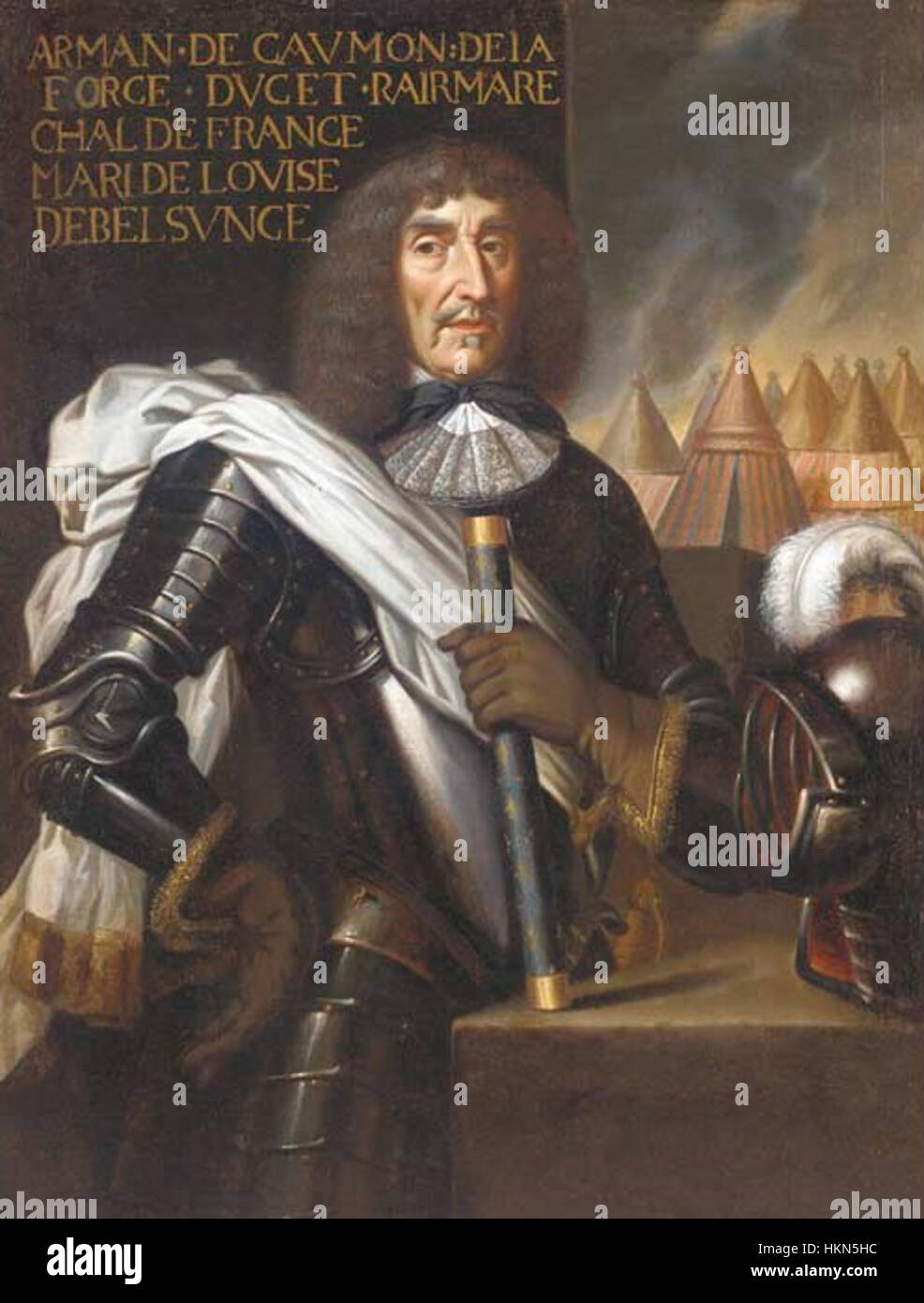 Dieses historische Porträt zeigt Armand de Caumont, Duc de La Force, einen französischen Adligen aus dem 17. Jahrhundert. Das Ölgemälde fängt seine würdevolle Präsenz ein und zeigt die komplizierten Details, die typisch für aristokratische Porträts aus dieser Zeit sind. Das Stück ist in einer Sammlung von schönen historischen Kunstwerken untergebracht. Stockfoto