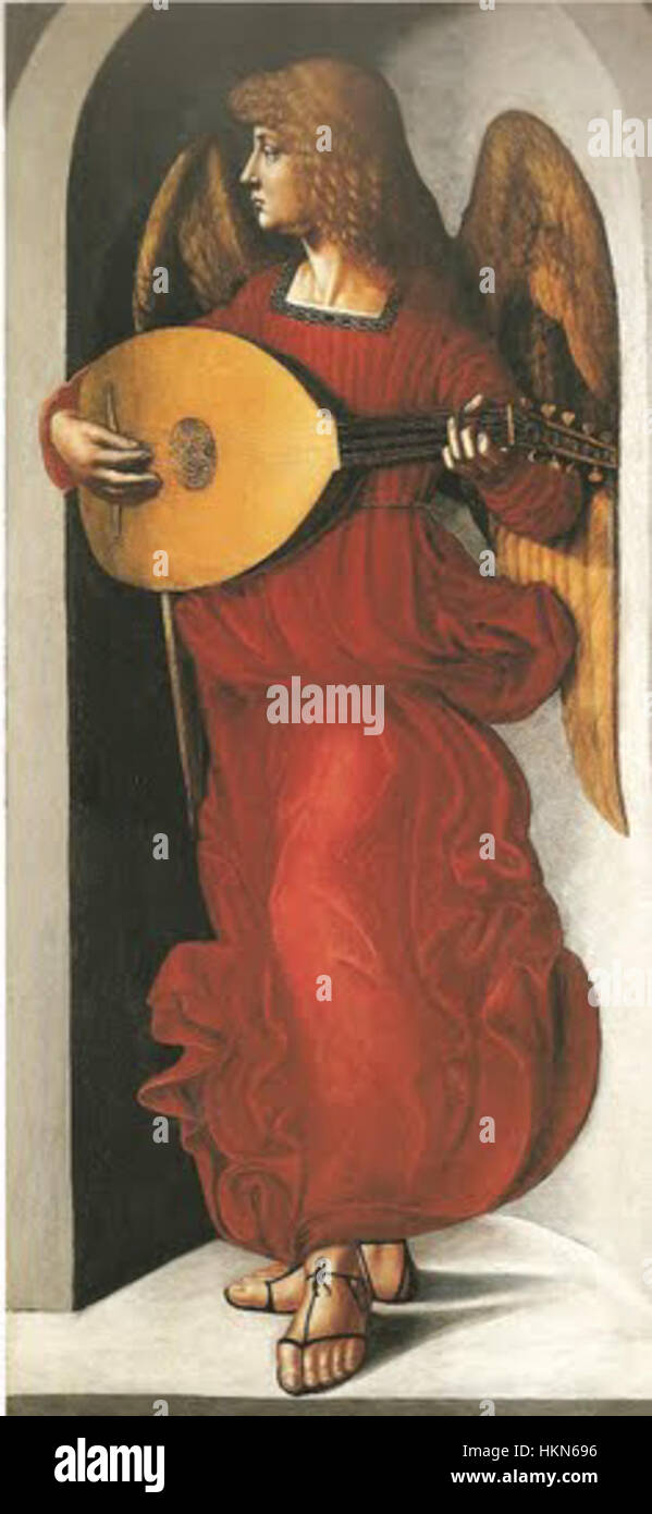 Ambrogio de Predis - Engel in rot mit einer Laute Stockfoto