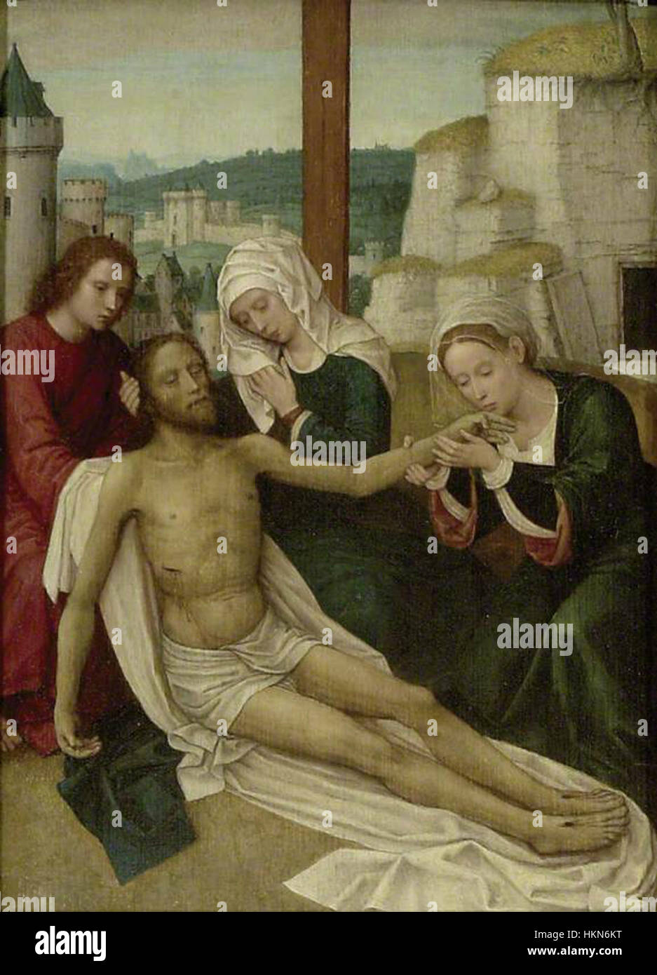 "Die Deposition" von Adriaen Isenbrant, Teil einer historischen religiösen Gemäldesammlung. Das Stück zeigt den Moment der Verkündung Christi vom Kreuz, mit detailliertem Realismus. Stockfoto