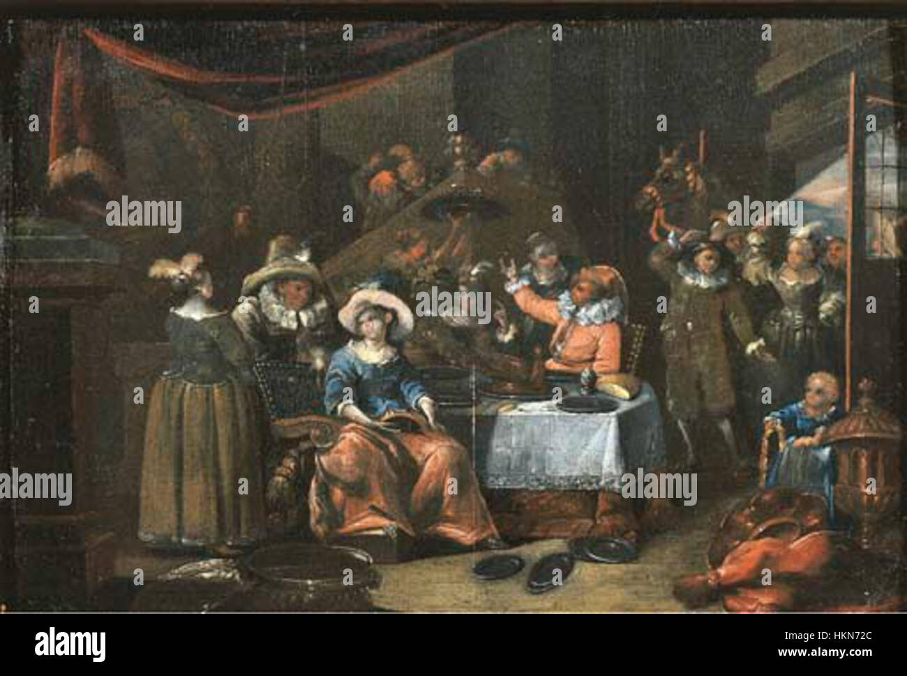 „The Sense of Taste“ von Francois Xavier Henri Verbeeck zeigt eine elegante Zusammenkunft, bei der Menschen essen und trinken. Das Gemälde vermittelt Raffinesse und den Genuss feiner Speisen und Getränke. Stockfoto